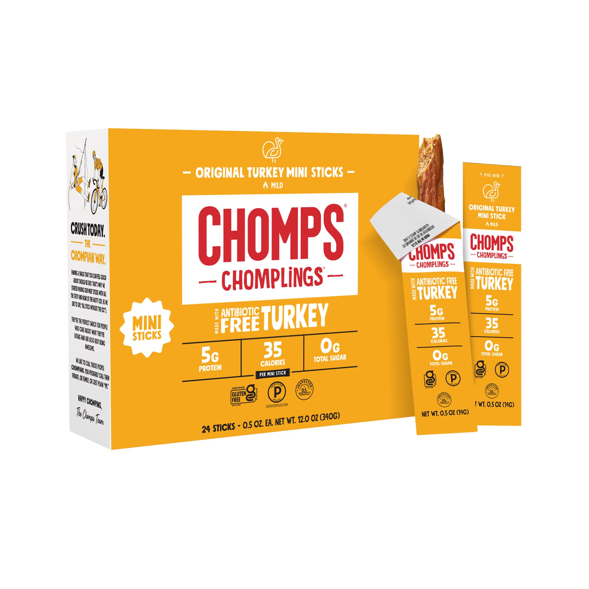 Chomps Original Turkey Jerky Stick close-up shows juicy texture for on-the-go protein
