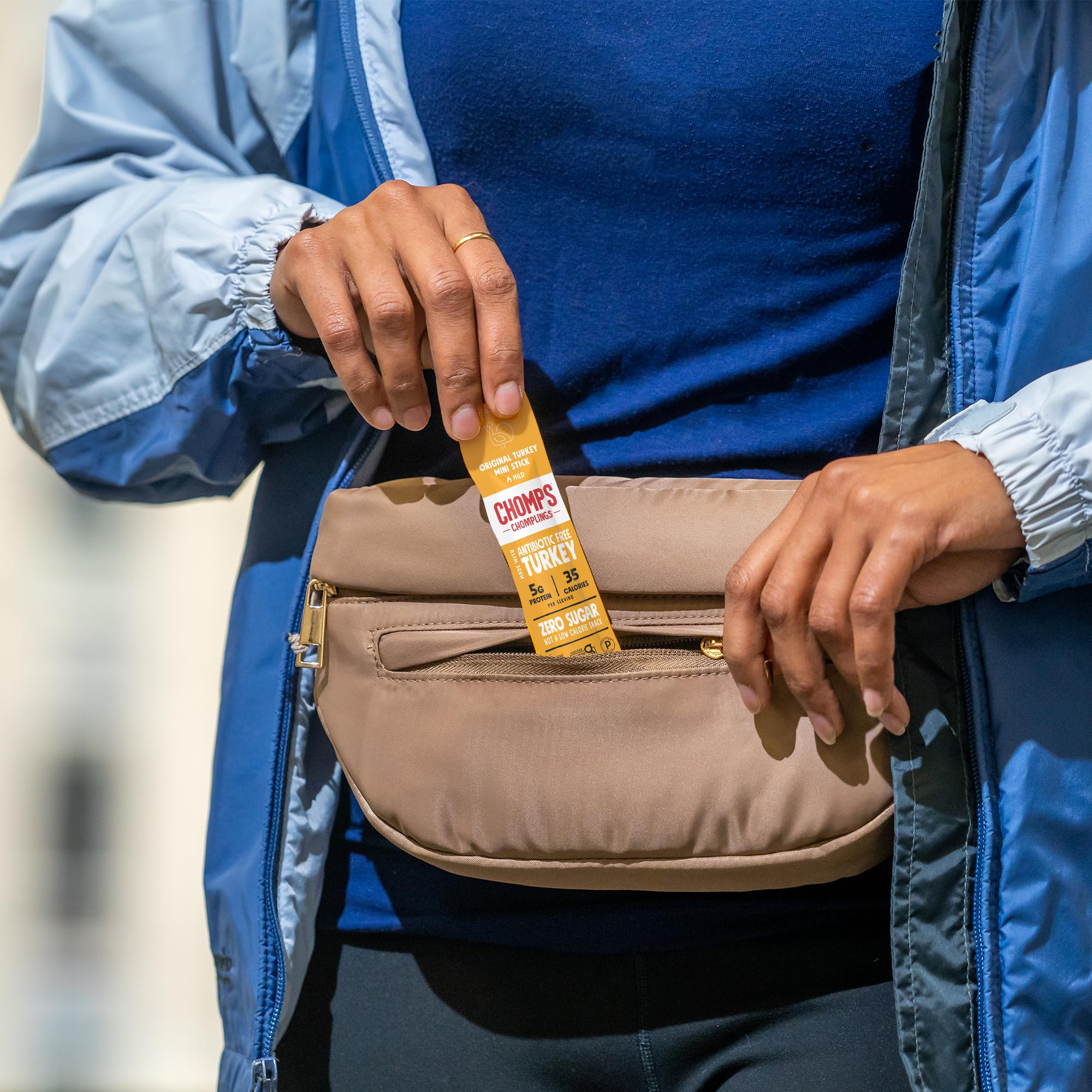 Chomps Original Turkey Jerky Stick packaging emphasizes antibiotic-free and nitrate-free ingredients