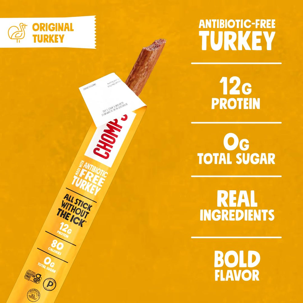 Chomps Original Turkey Jerky stick cross-section reveals lean, tender texture.