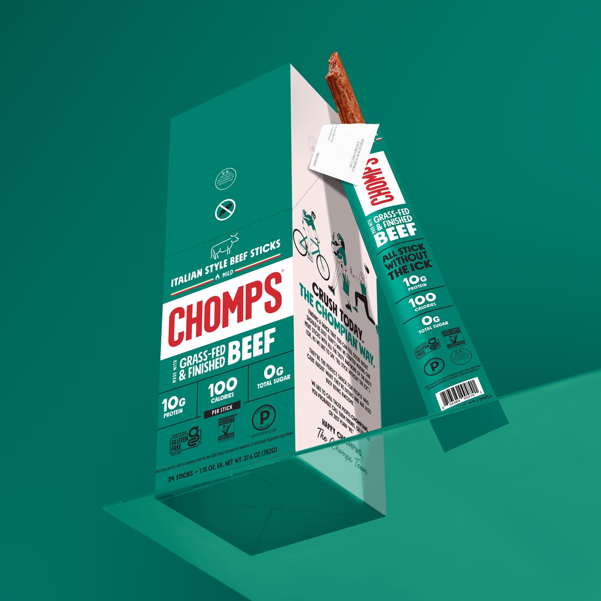 Chomps Italian Style Jerky box with sticks on white background.