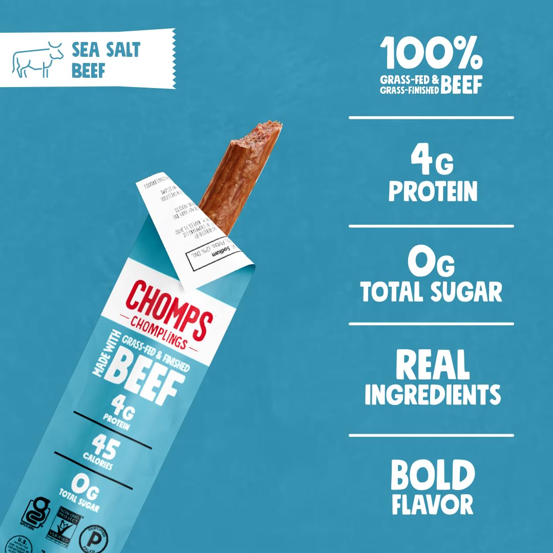 Chomps Sea Salt Jerky flavor detail with garlic and celery juice notes.