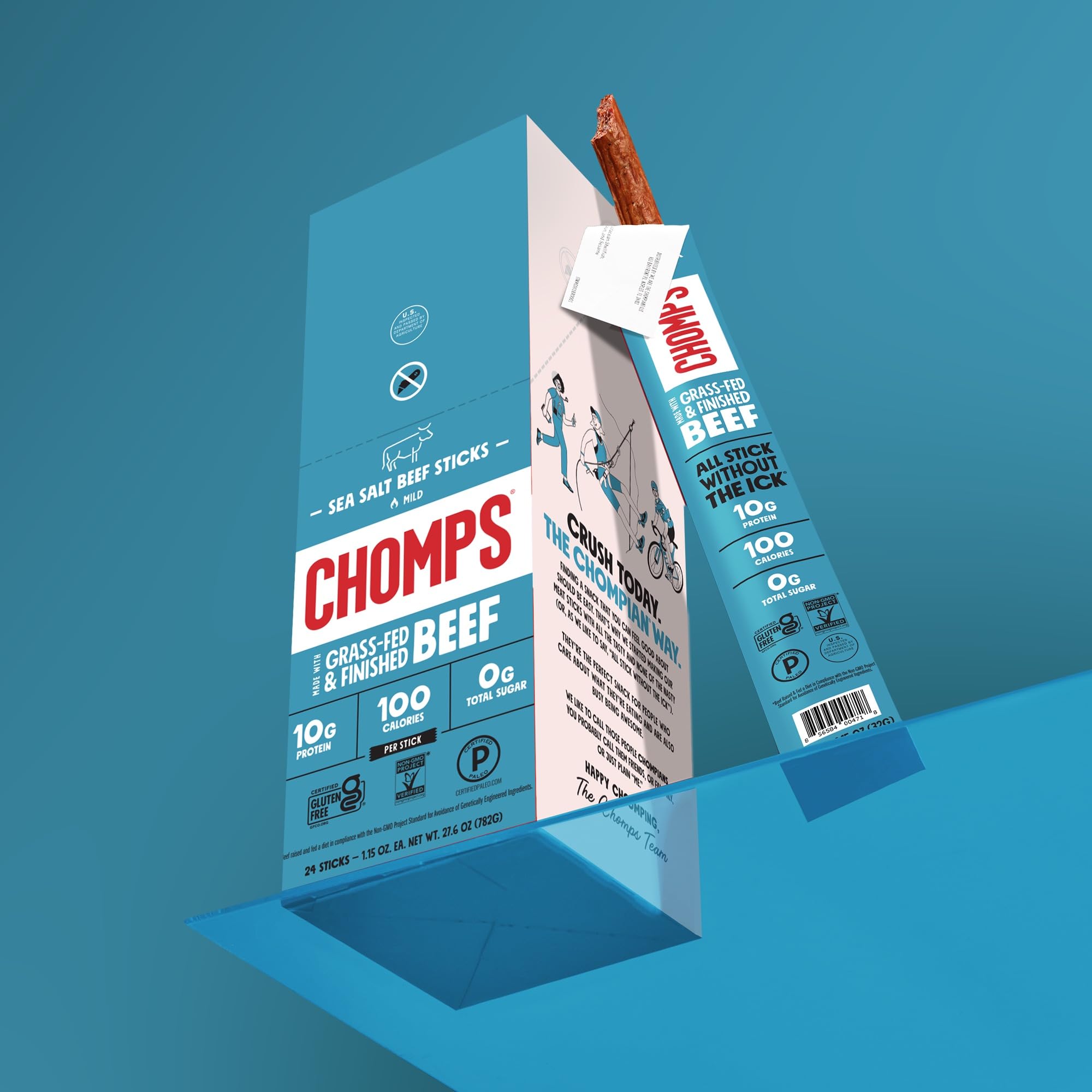 Chomps sea salt beef jerky stick on the go ready snack