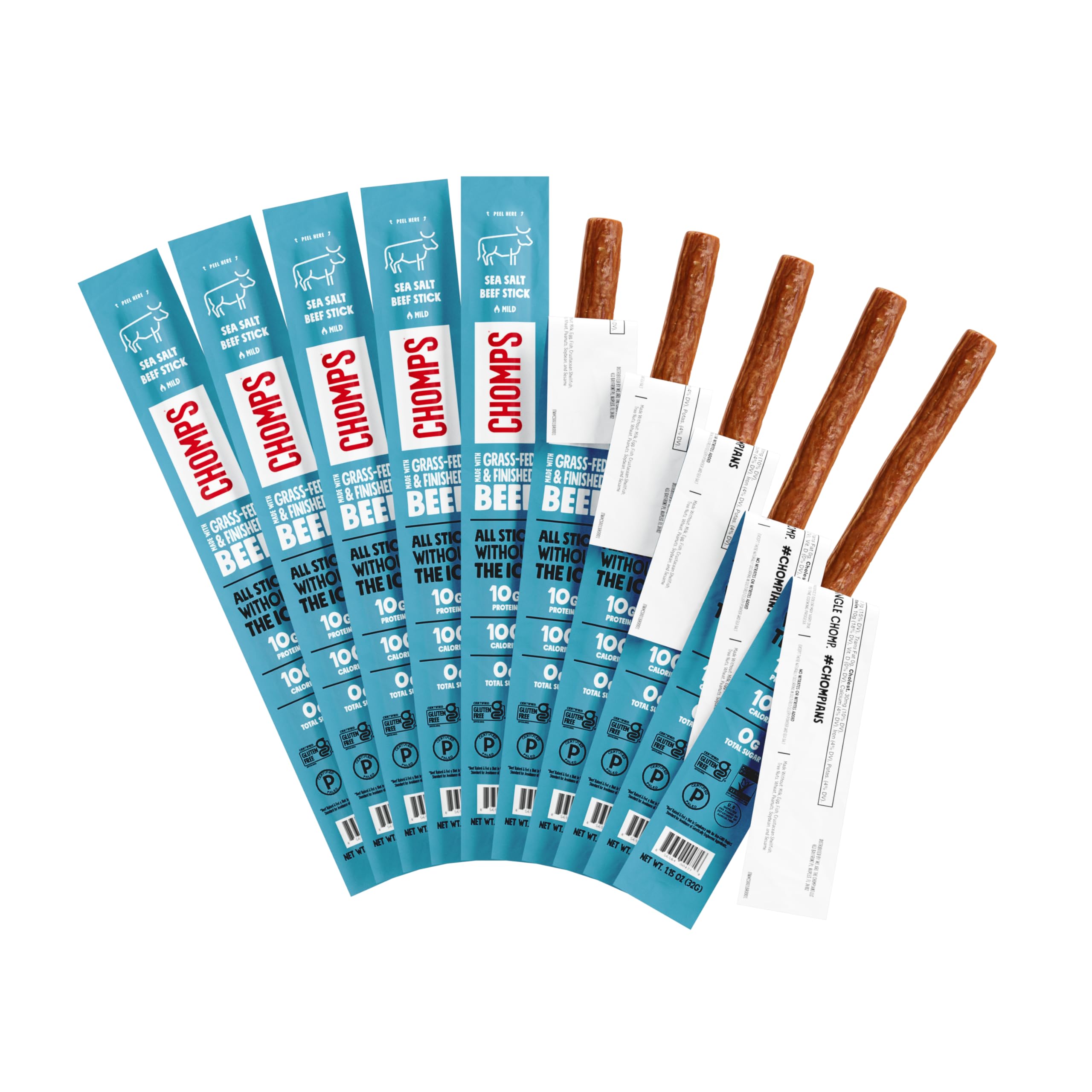 Chomps sea salt beef jerky stick pack shows convenient, high-protein snacking on the go