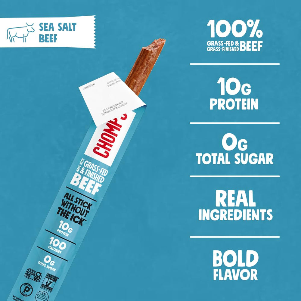 Chomps sea salt beef jerky stick texture image emphasizes premium ingredients