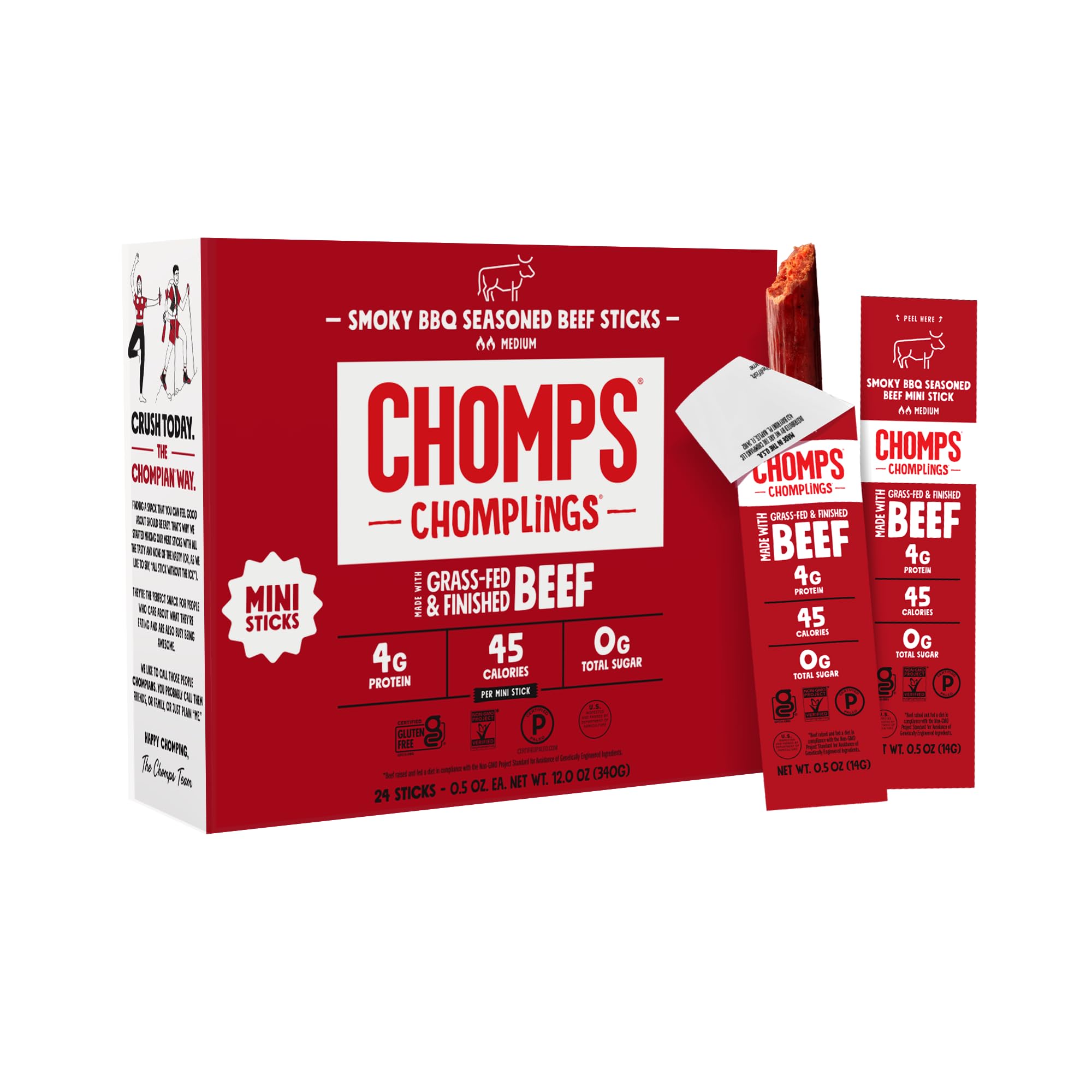 Chomps Smoky BBQ beef jerky stick close-up, high-protein on-the-go snack.