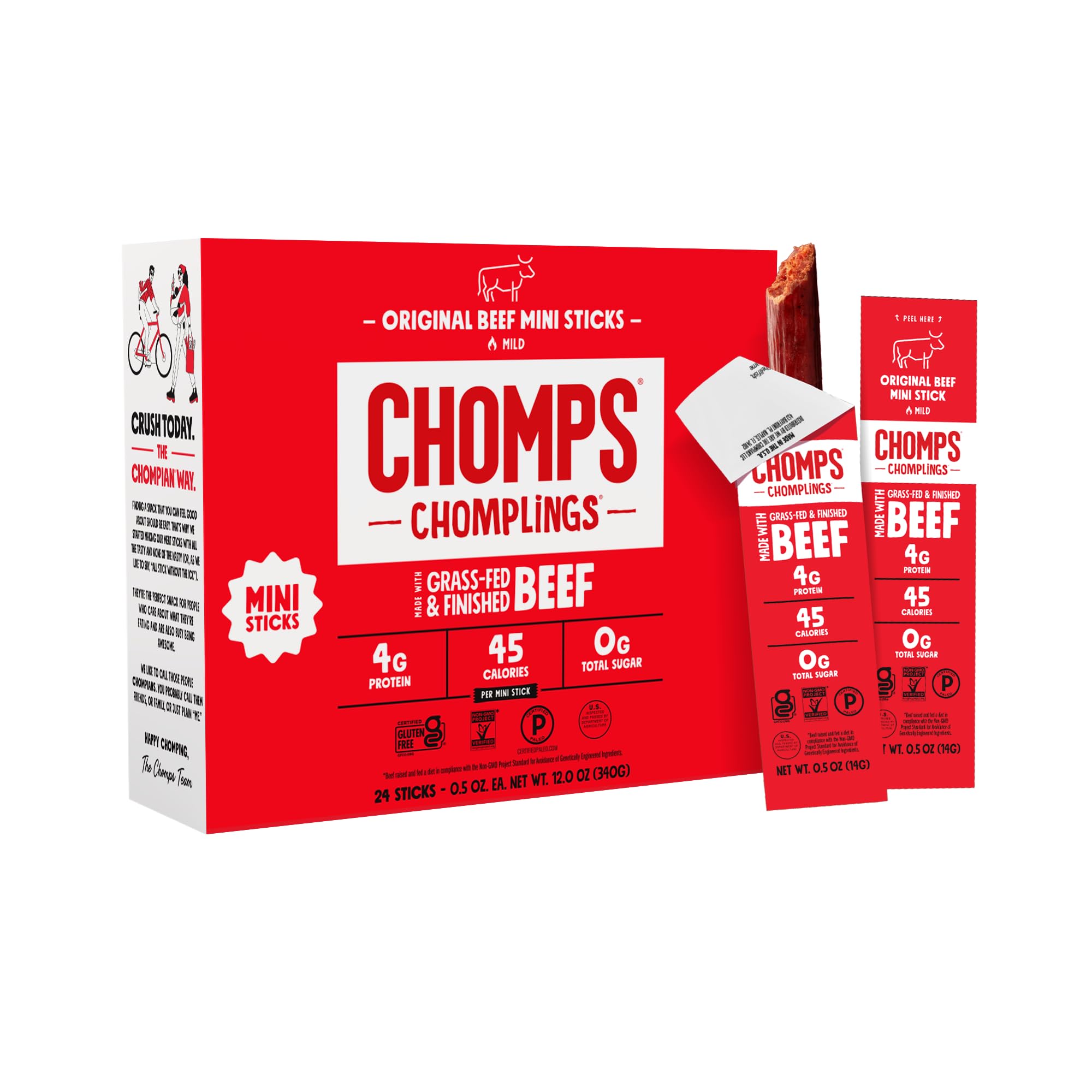 Chomps snack size grass-fed original beef jerky stick front view highlighting portable protein