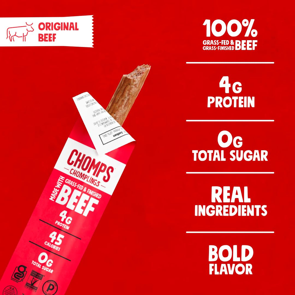 Chomps snack size grass-fed original beef jerky stick packaging closeup conveys quality