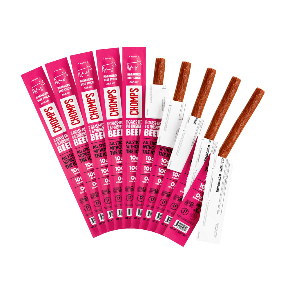 Chomps spicy habanero jerky packaging shows a bold, convenient snack option for active days