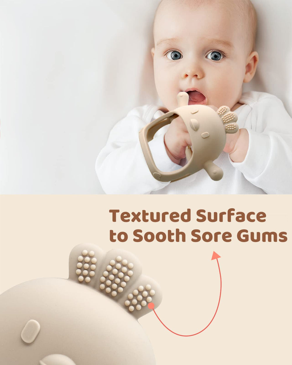 ChooKaChoo teething mitten shows anti-dropping wrist design.