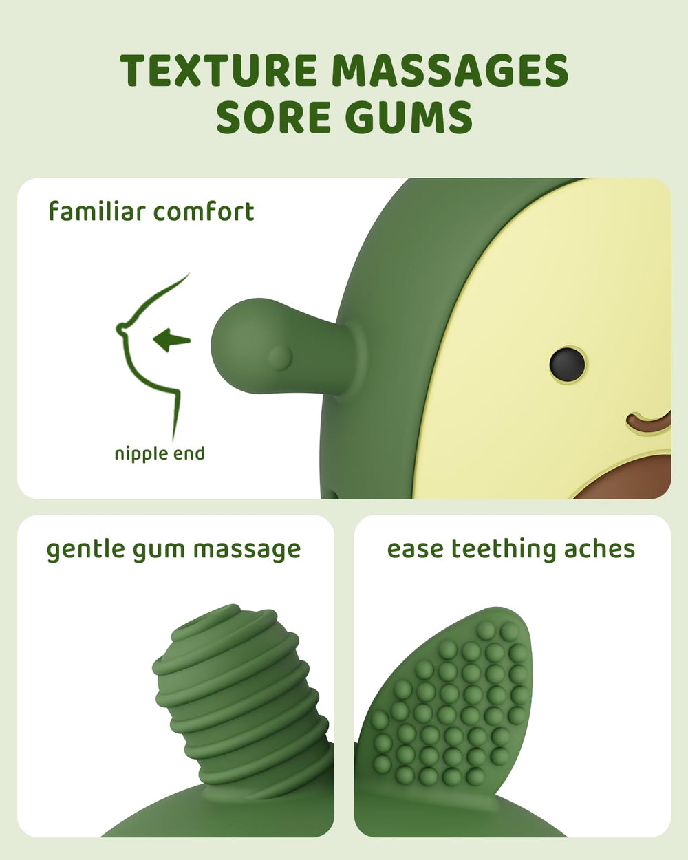 ChooKaChoo avocado arms provide comforting, familiar sensation during chewing.