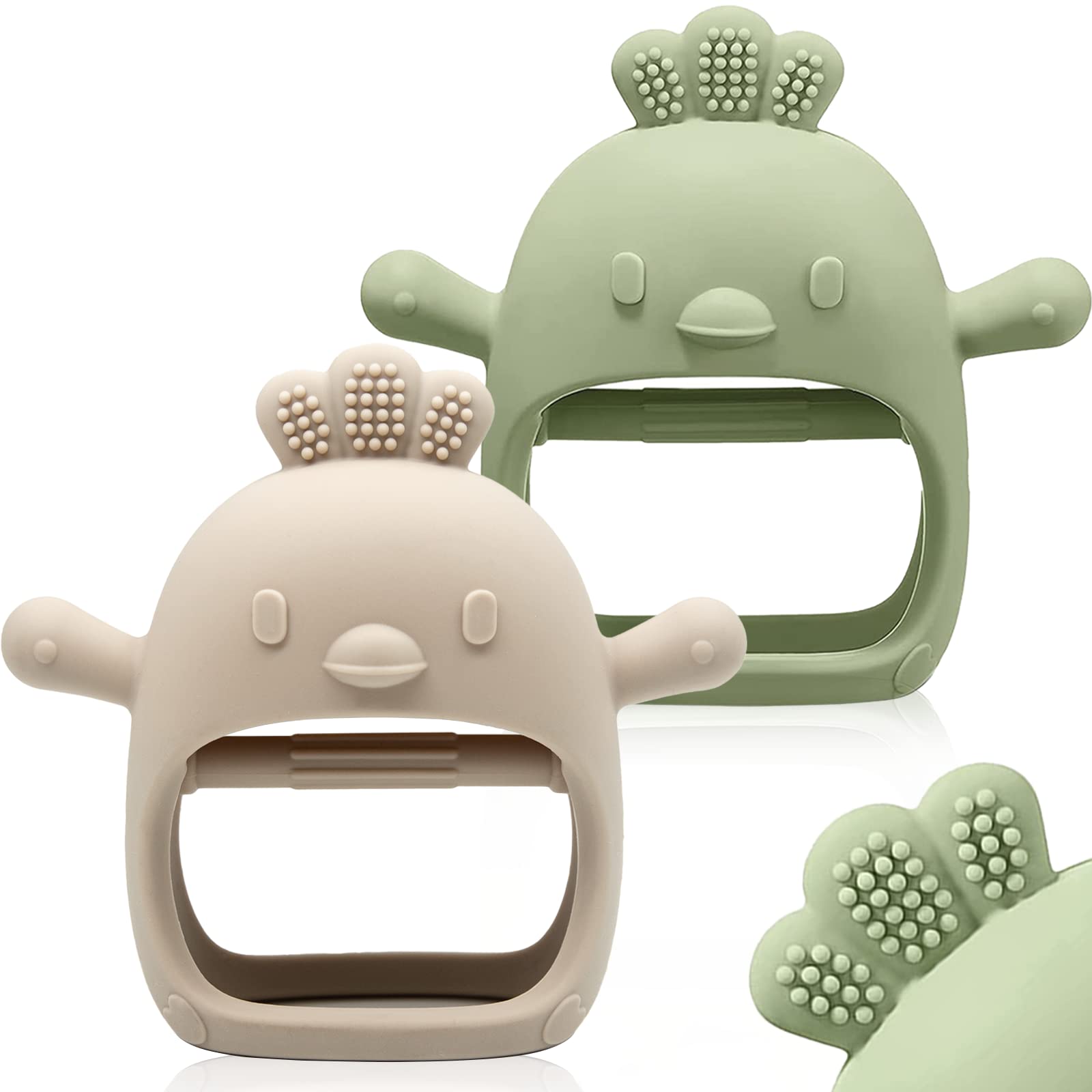 ChooKaChoo baby teething mitten on tiny hand aids grasping and soothing teething