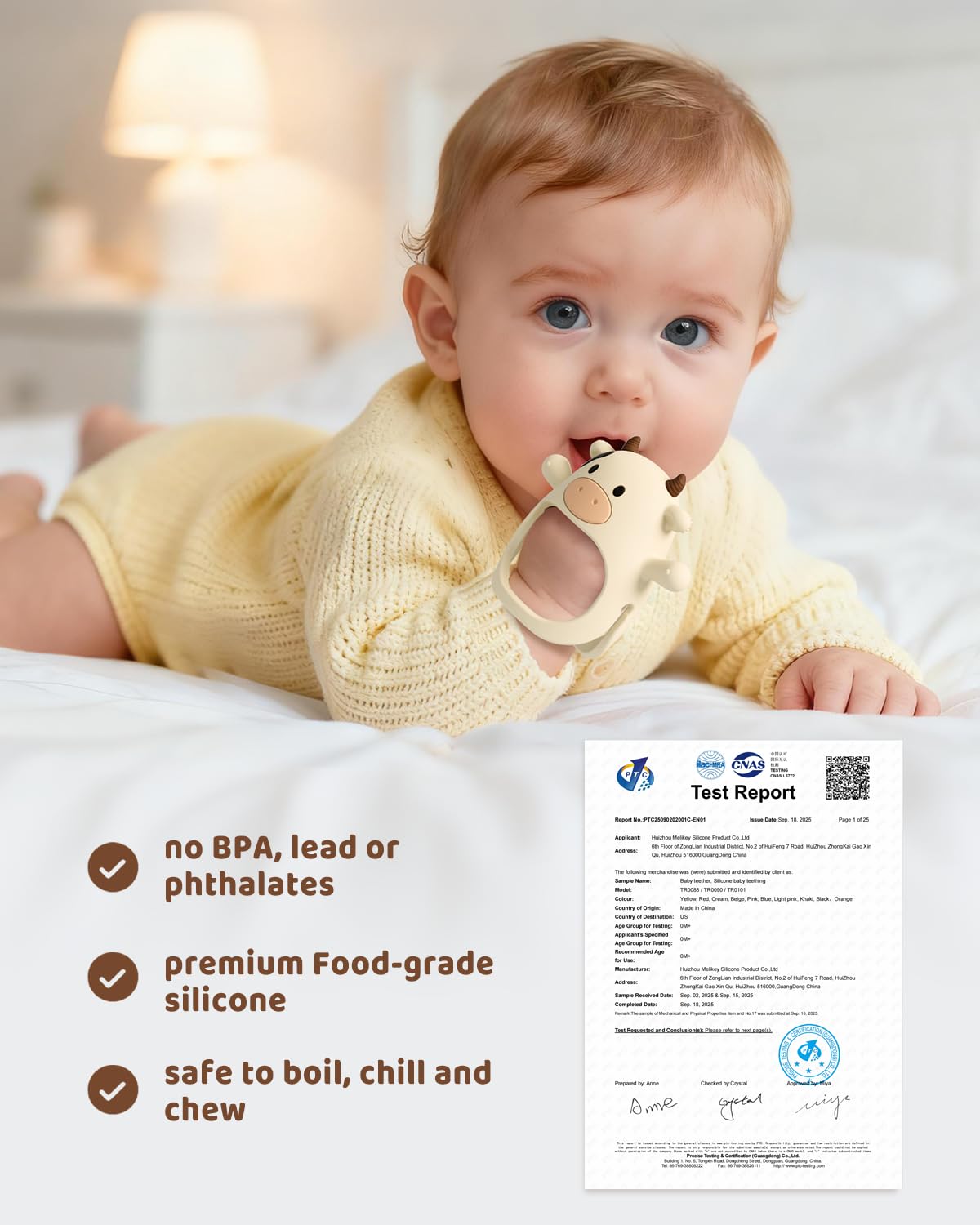 ChooKaChoo BPA-free silicone teether, easy to clean.
