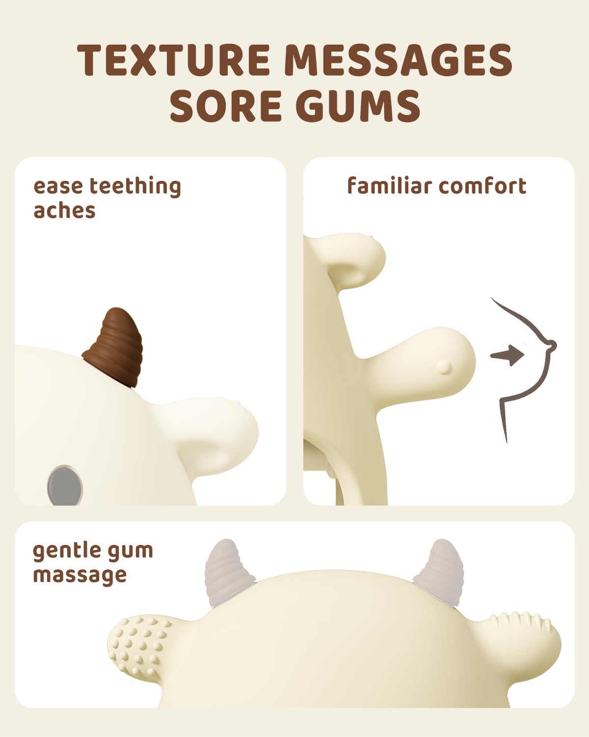 ChooKaChoo Moo Moo Cow design for friendly teething cues.