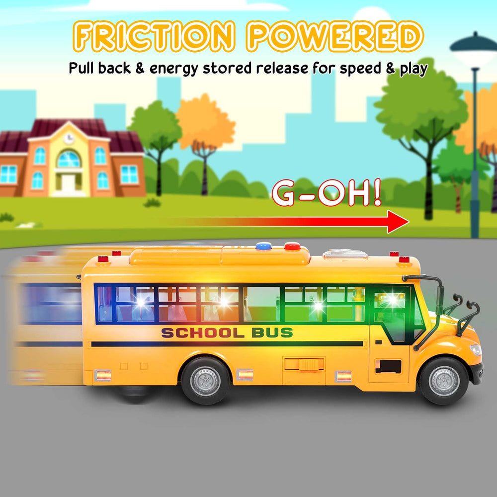 Choopheme friction-powered yellow bus moves without batteries for simple, mess-free play.