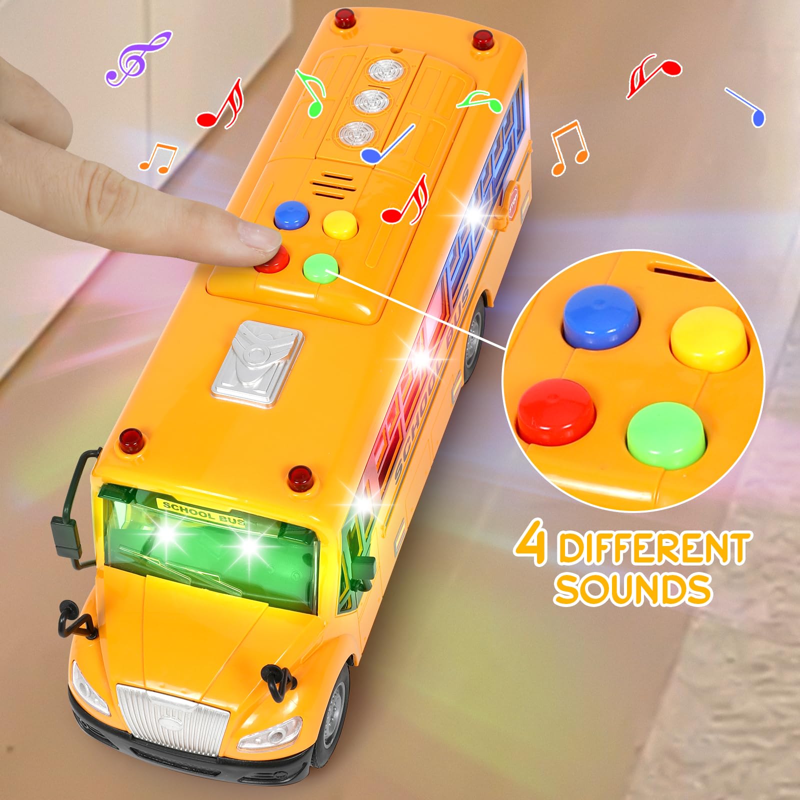Choopheme yellow bus showing lights and sounds for interactive play and sensory engagement.