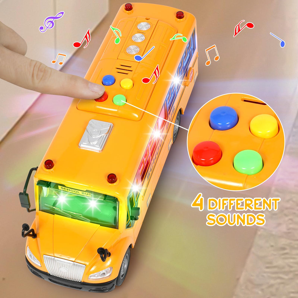 Choopheme yellow bus showing lights and sounds for interactive play and sensory engagement.