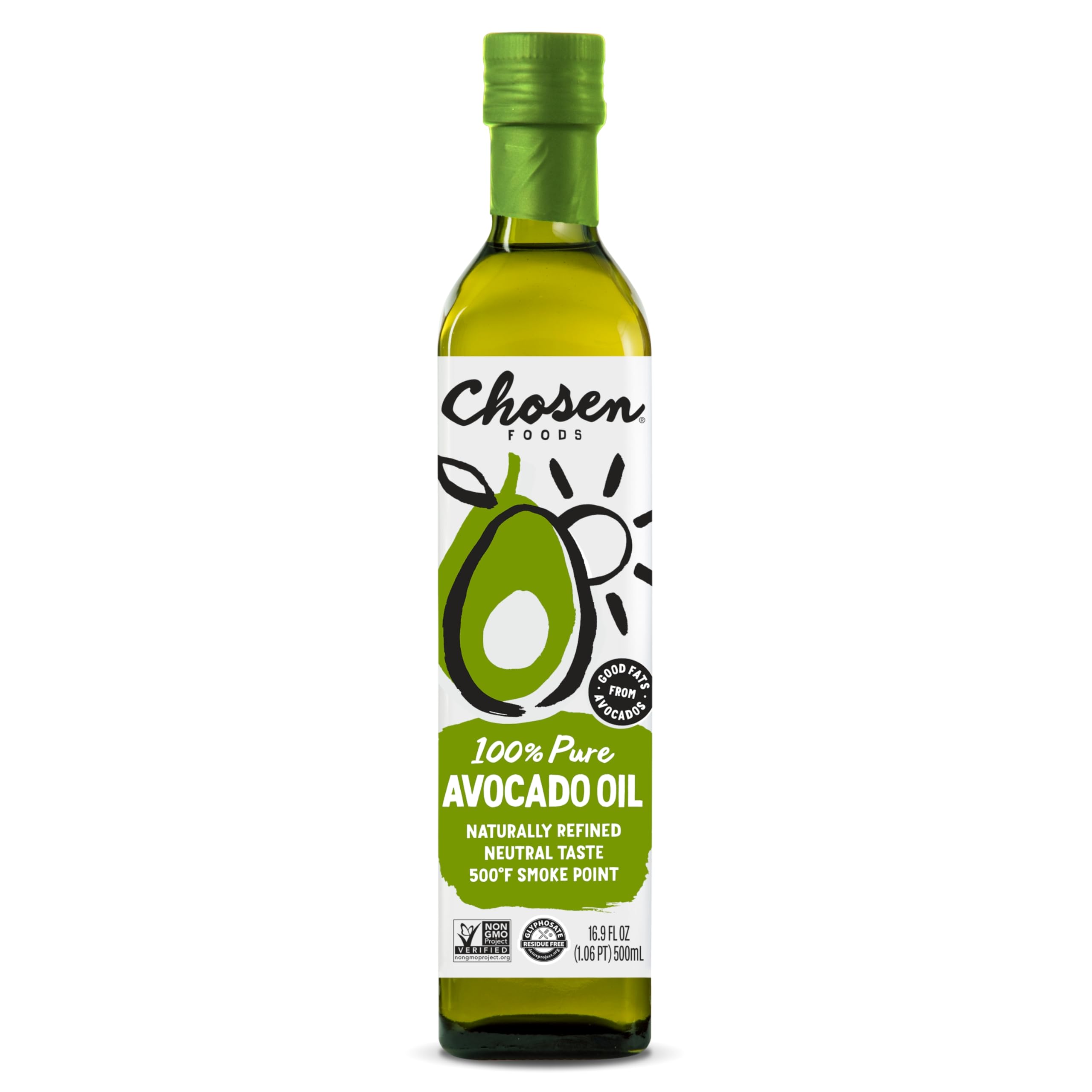 Chosen Foods Avocado Oil bottle front view showing pure, high-heat cooking oil