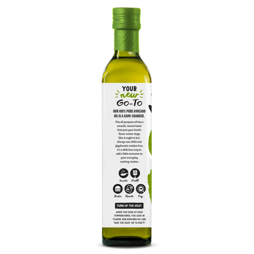 Chosen Foods Avocado Oil bottle pour highlighting neutral flavor for everyday cooking