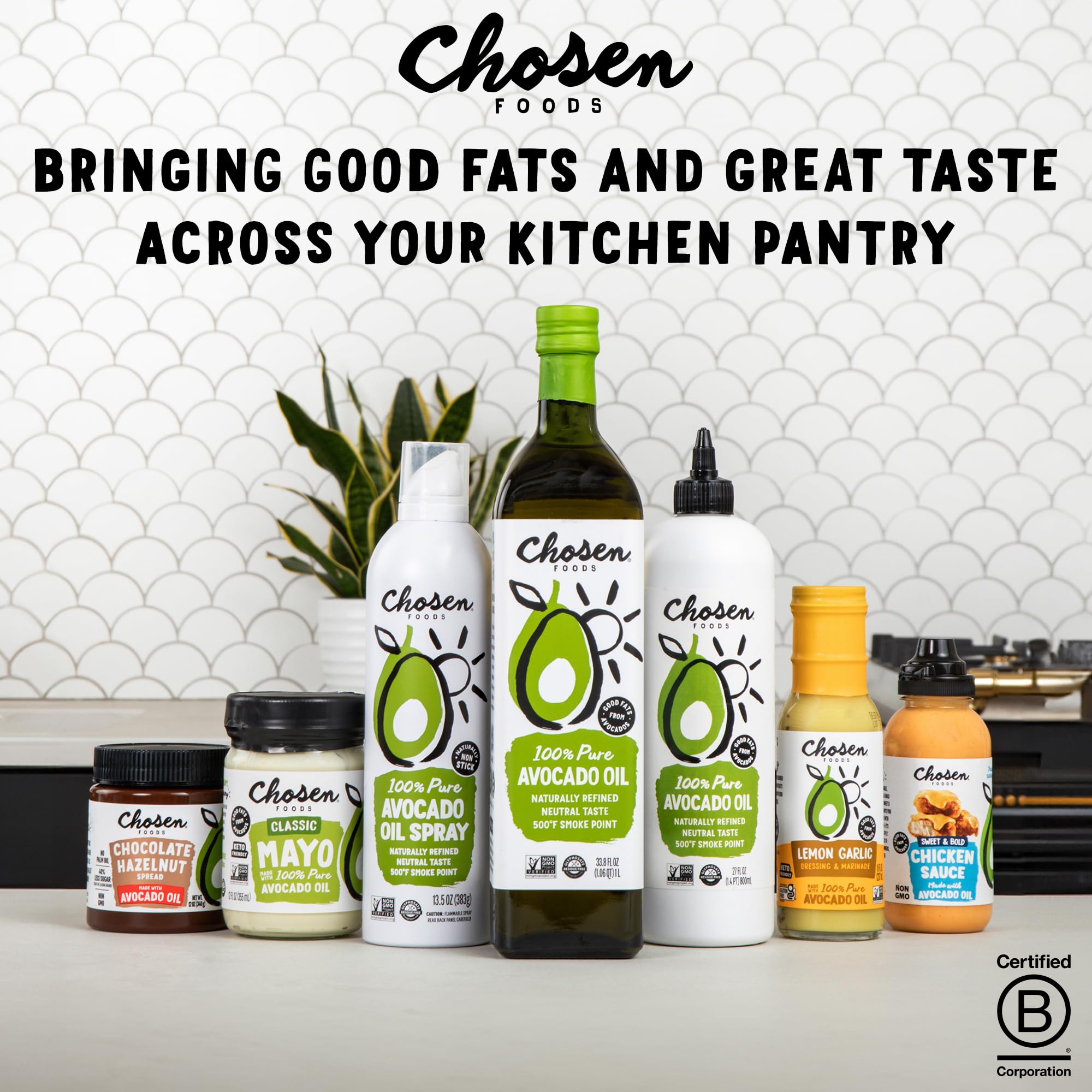 Chosen Foods avocado oil glass bottle on countertop for Keto-friendly meals