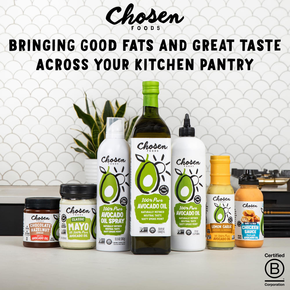 Chosen Foods avocado oil glass bottle on countertop for Keto-friendly meals