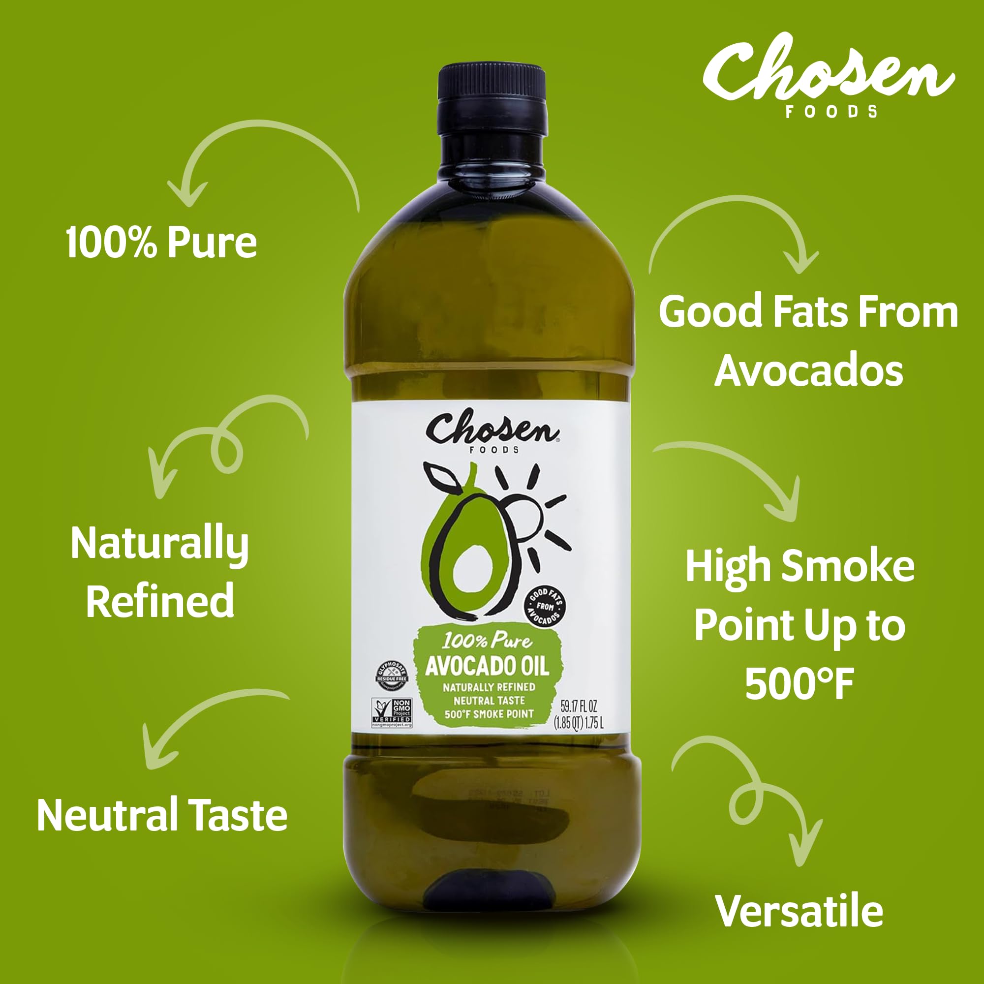 Chosen Foods avocado oil high-heat image suitable for frying up to 500°F