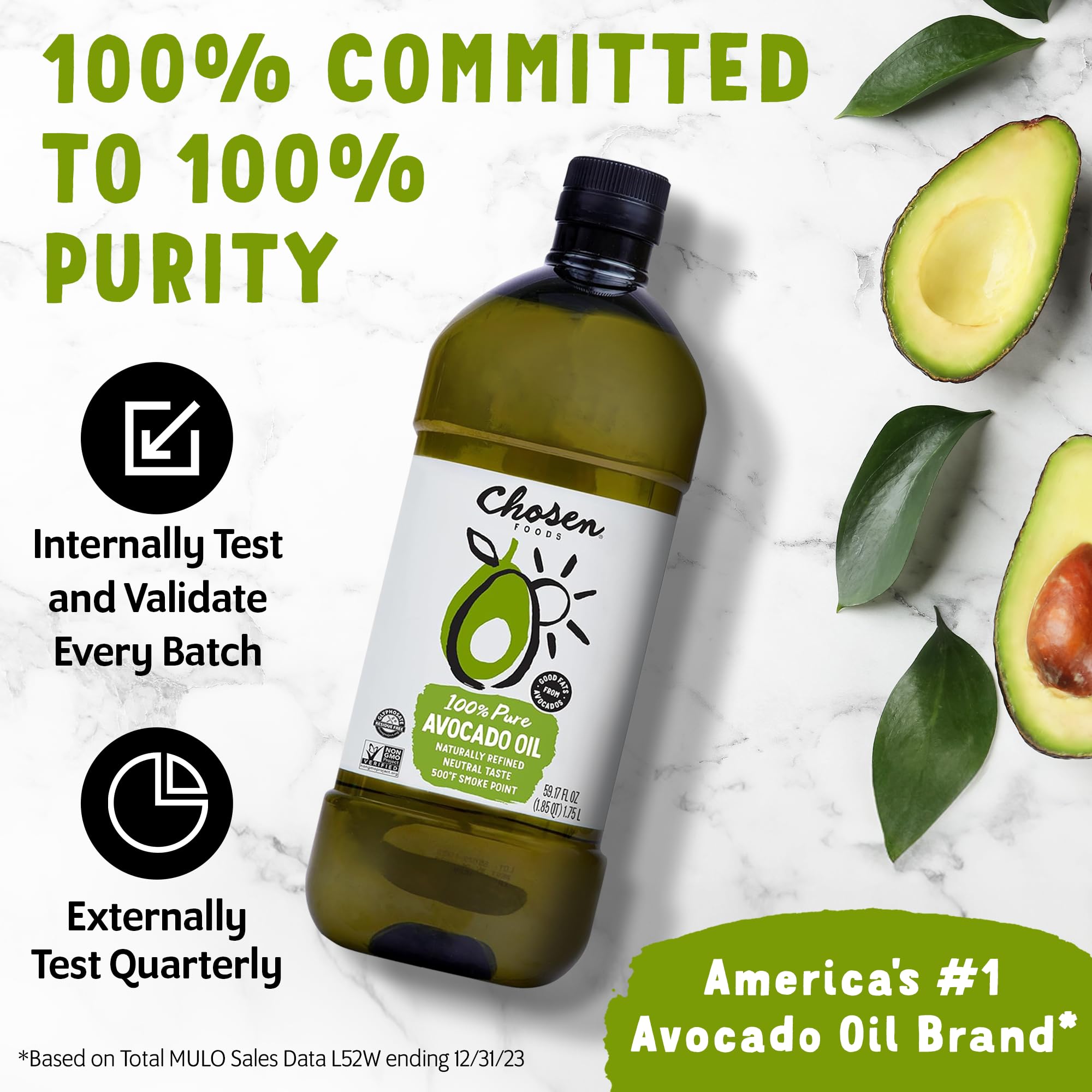 Chosen Foods avocado oil label showing purity and non-GMO sourcing