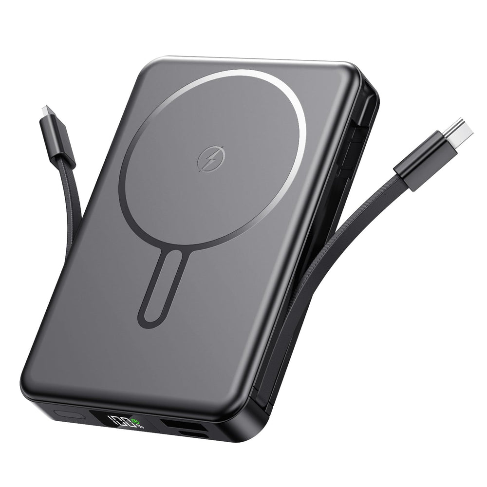 ChowChamps magnetic portable charger with built-in cables for on-the-go charging.