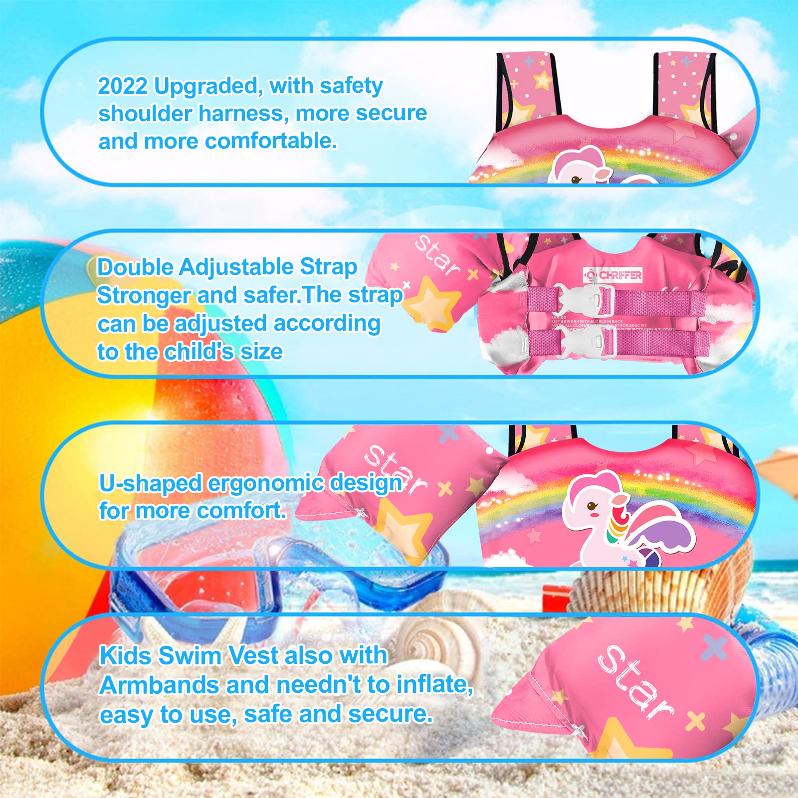 Chriffer Kids Swim Vest dual buckles illustrate extra safety during water play