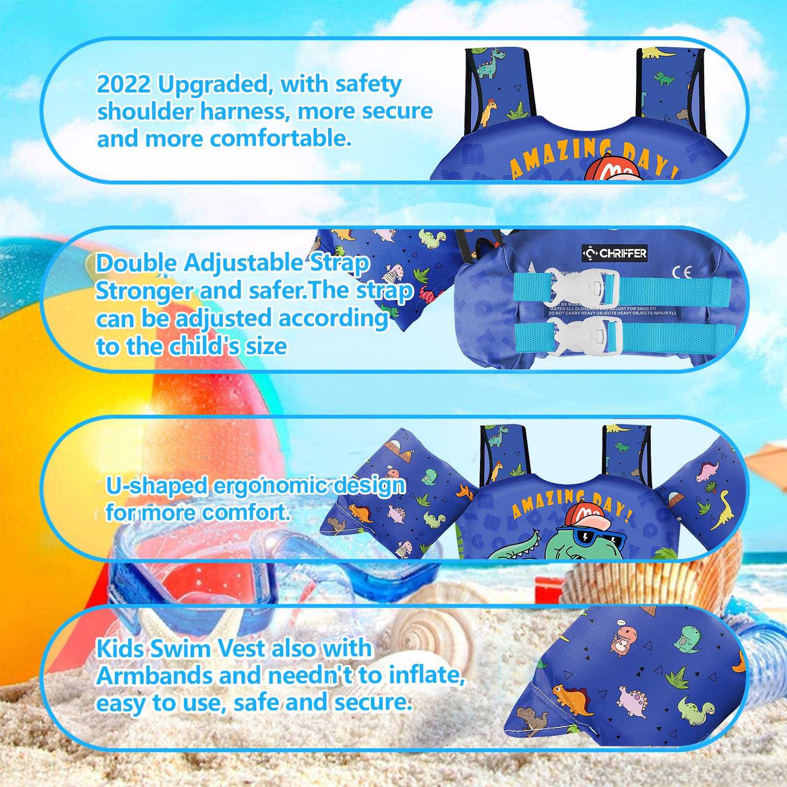 Chriffer Kids Swim Vest ergonomic-fit design on child.