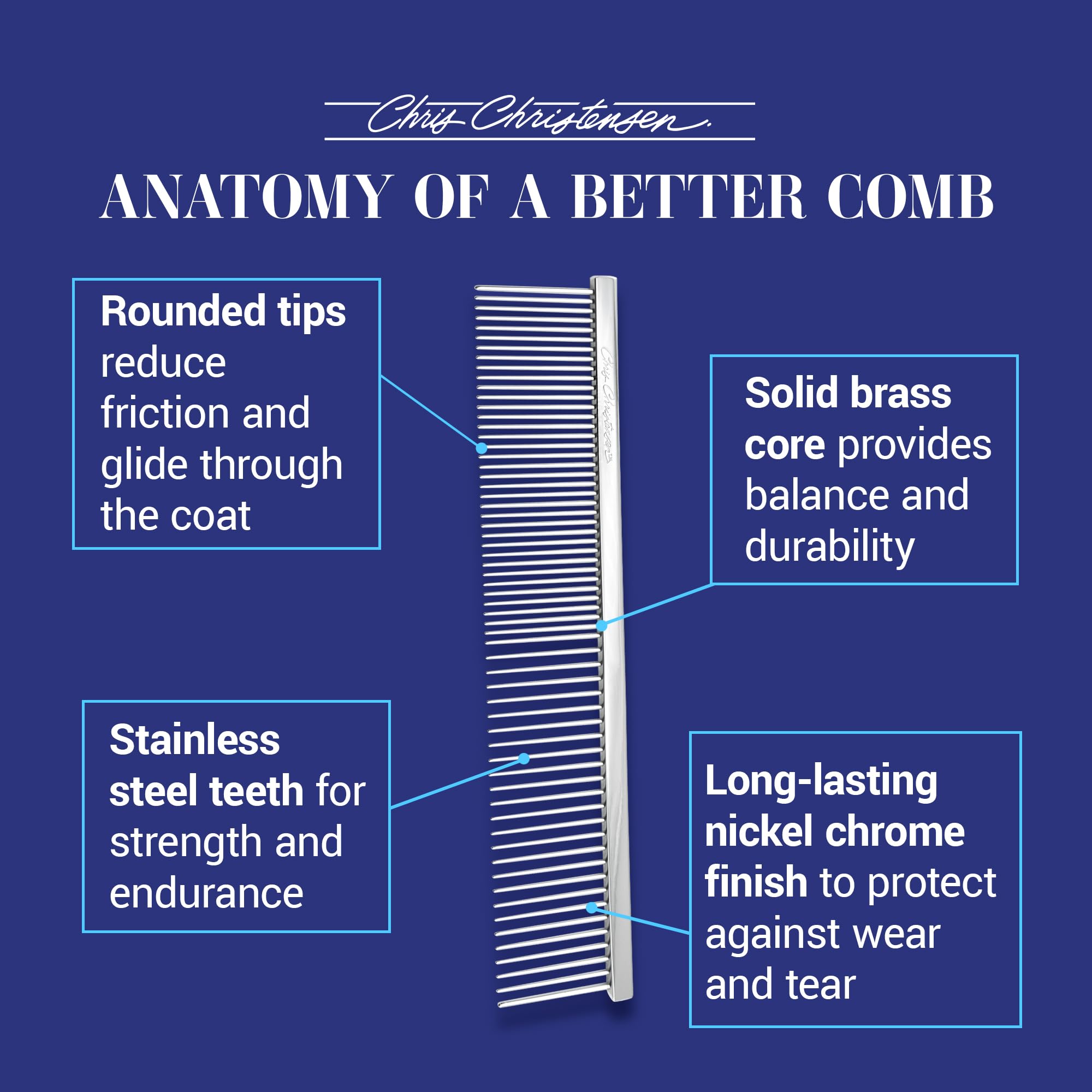 Chris Christensen 000 Buttercomb rounded tines reduce friction while brushing.