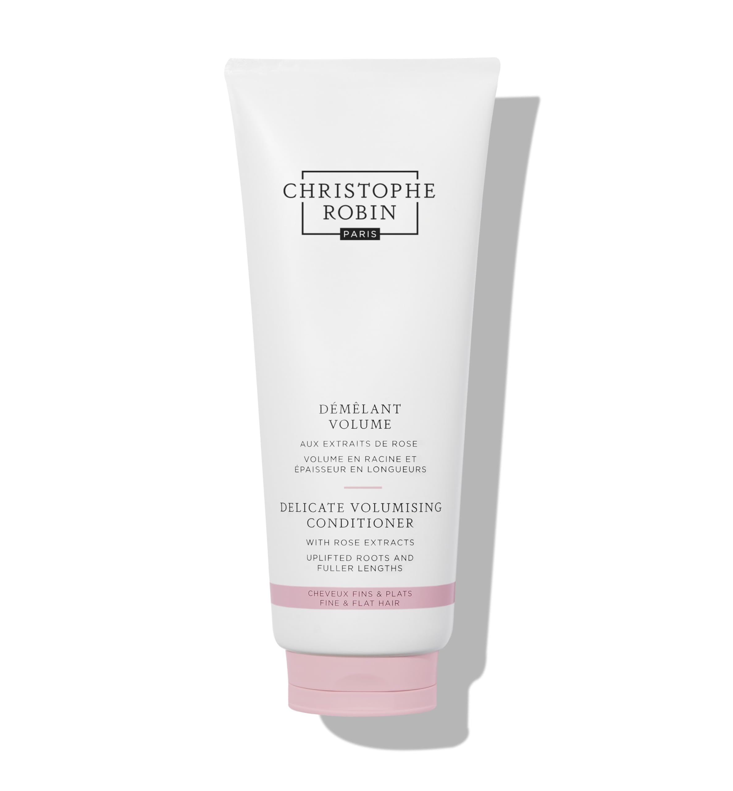 Christophe Robin delicate volumizing conditioner bottle with rose extracts for lightweight lift.