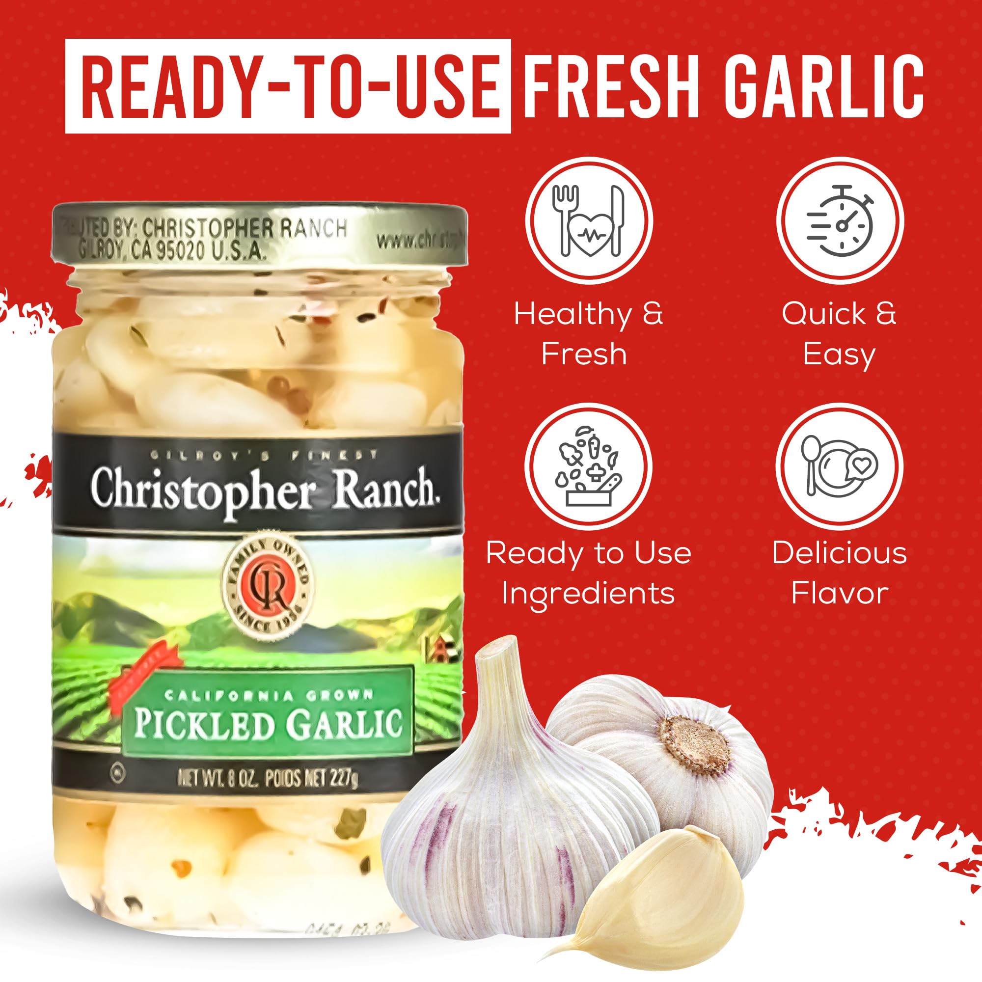 Christopher Ranch Pickled Garlic peeled cloves close-up, ideal for quick meals