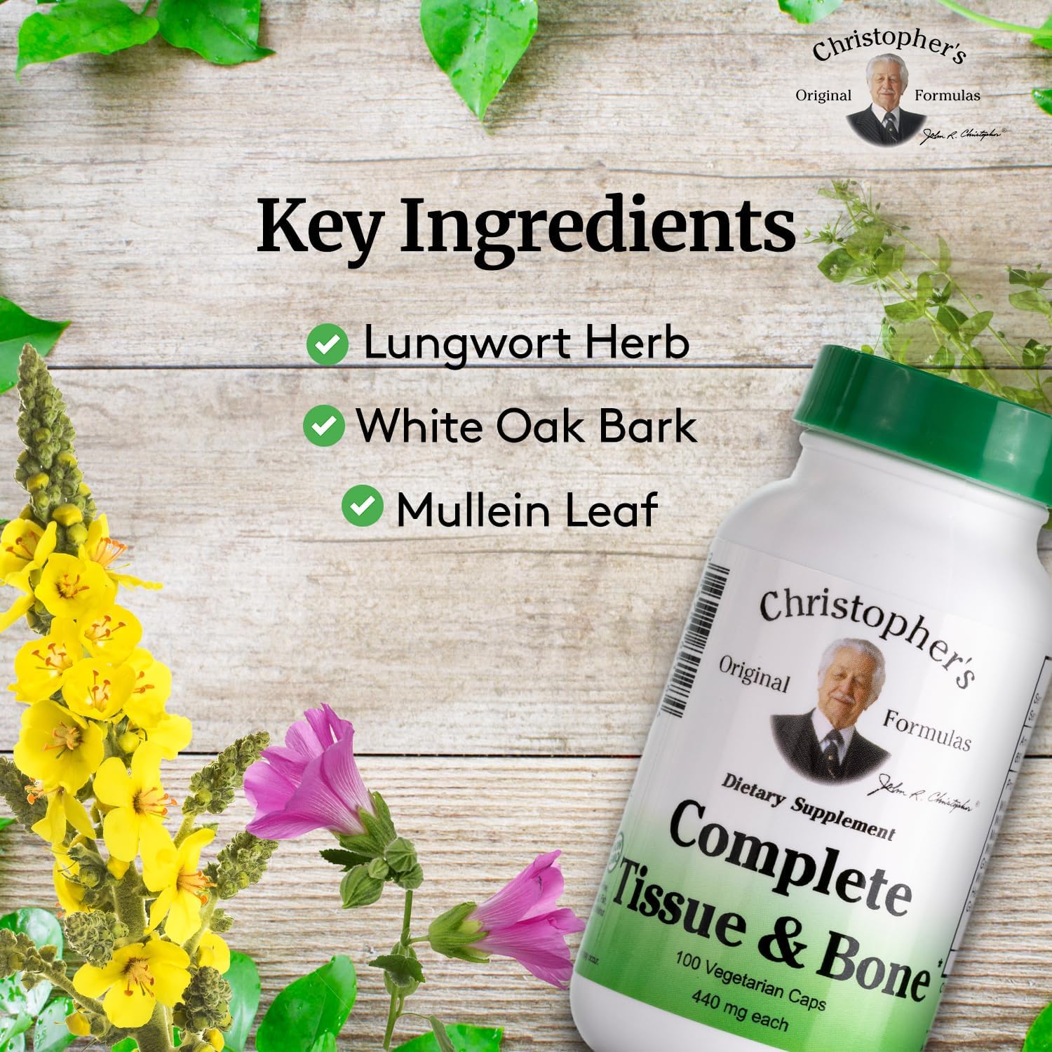 Christopher's Original Formulas Complete Tissue & Bone Formula ingredients label highlights White Oak Bark and Slippery Elm