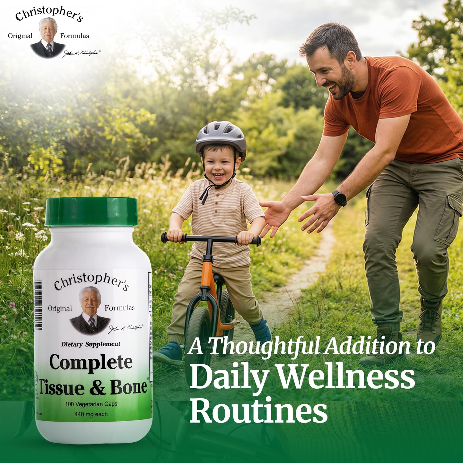 Christopher's Original Formulas Complete Tissue & Bone Formula vegan capsules on tray emphasizes clean, plant-based nutrition