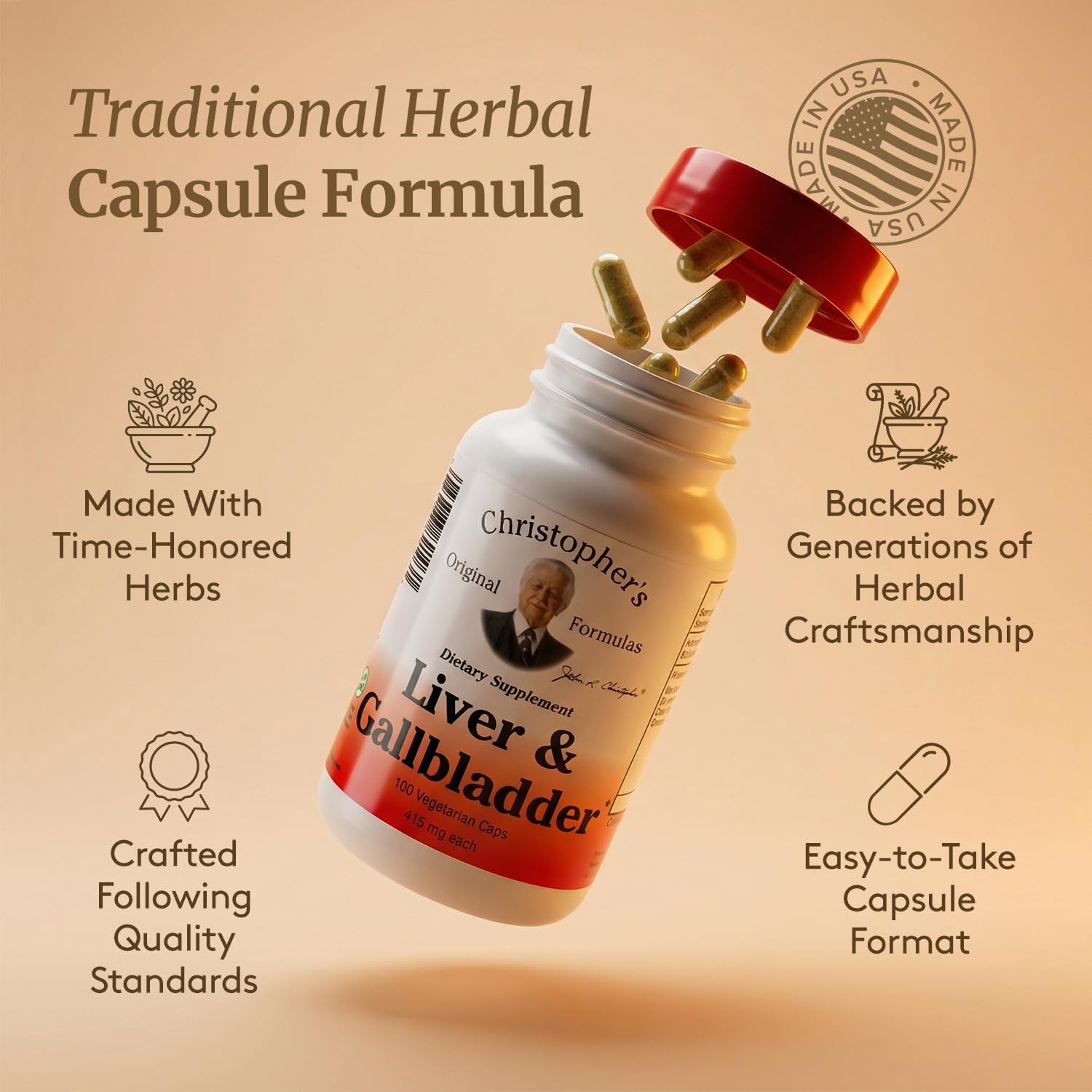 Herbal blend visuals featuring barberry bark, fennel, and ginger in Christopher's formula.