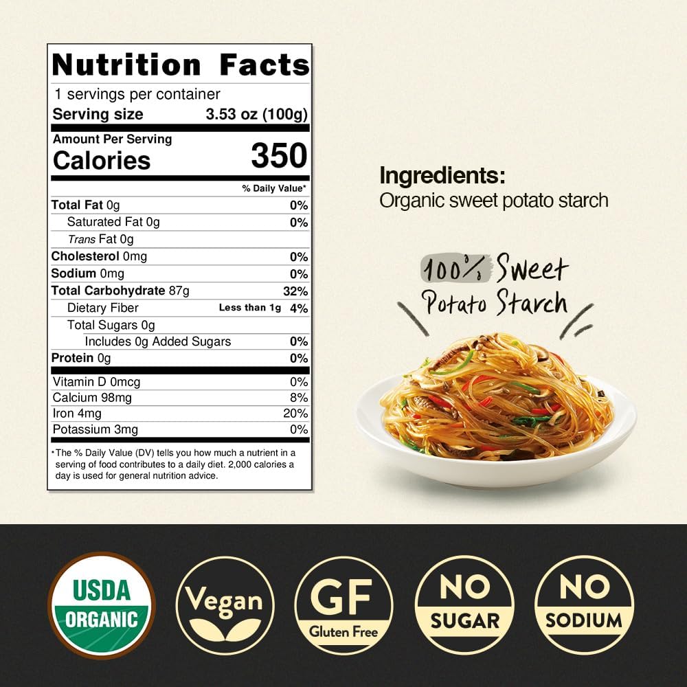 Chung Jung One Glass Noodles in a sizzling stir-fry, chewy texture highlighted.