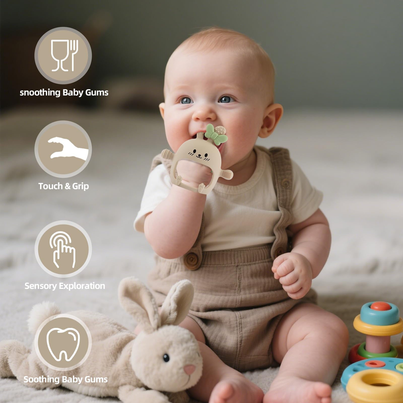 Chuya Bunny Teether baby using closeup demonstrates gripping and chewing.