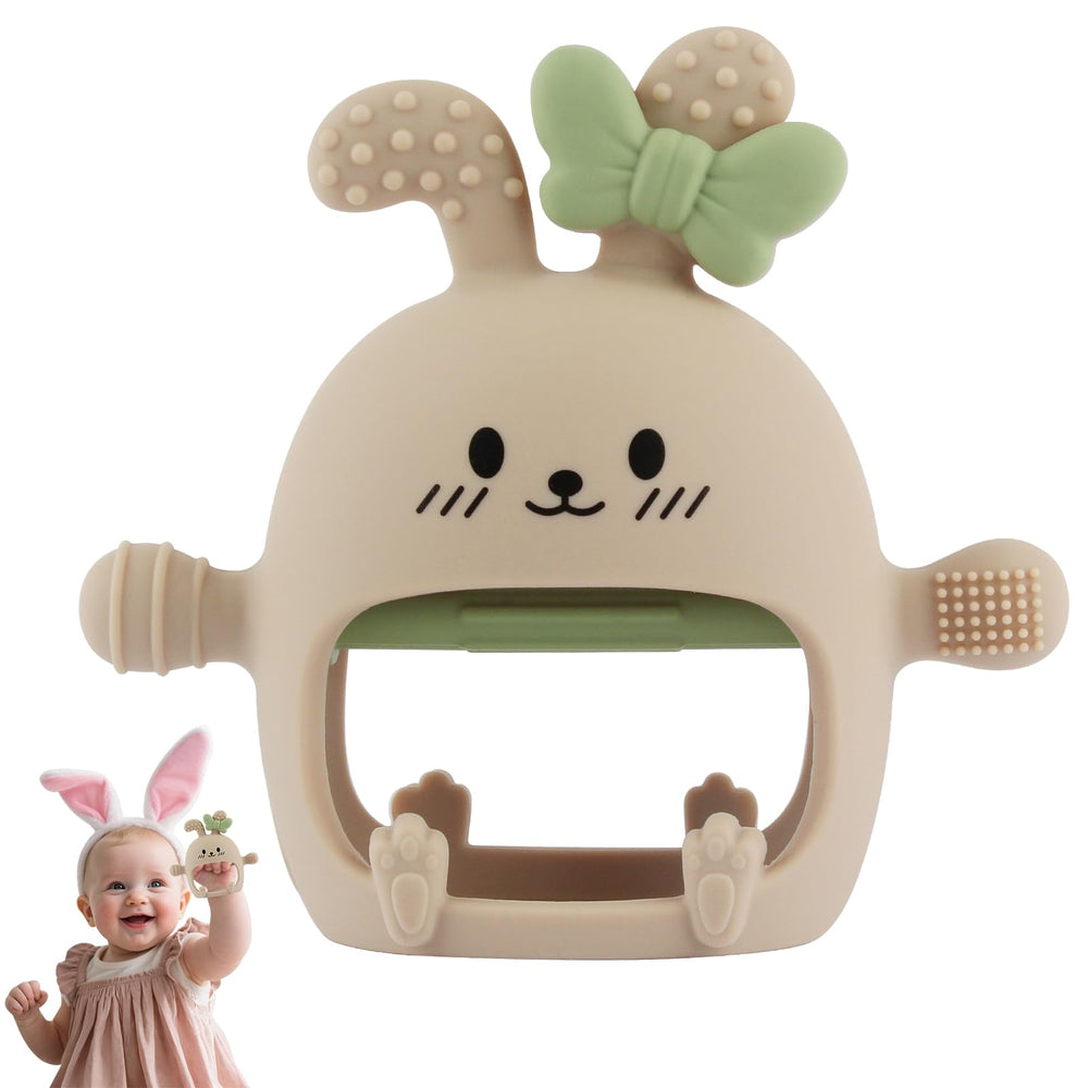 Chuya Bunny Teether in hand shows soft silicone texture for gums.