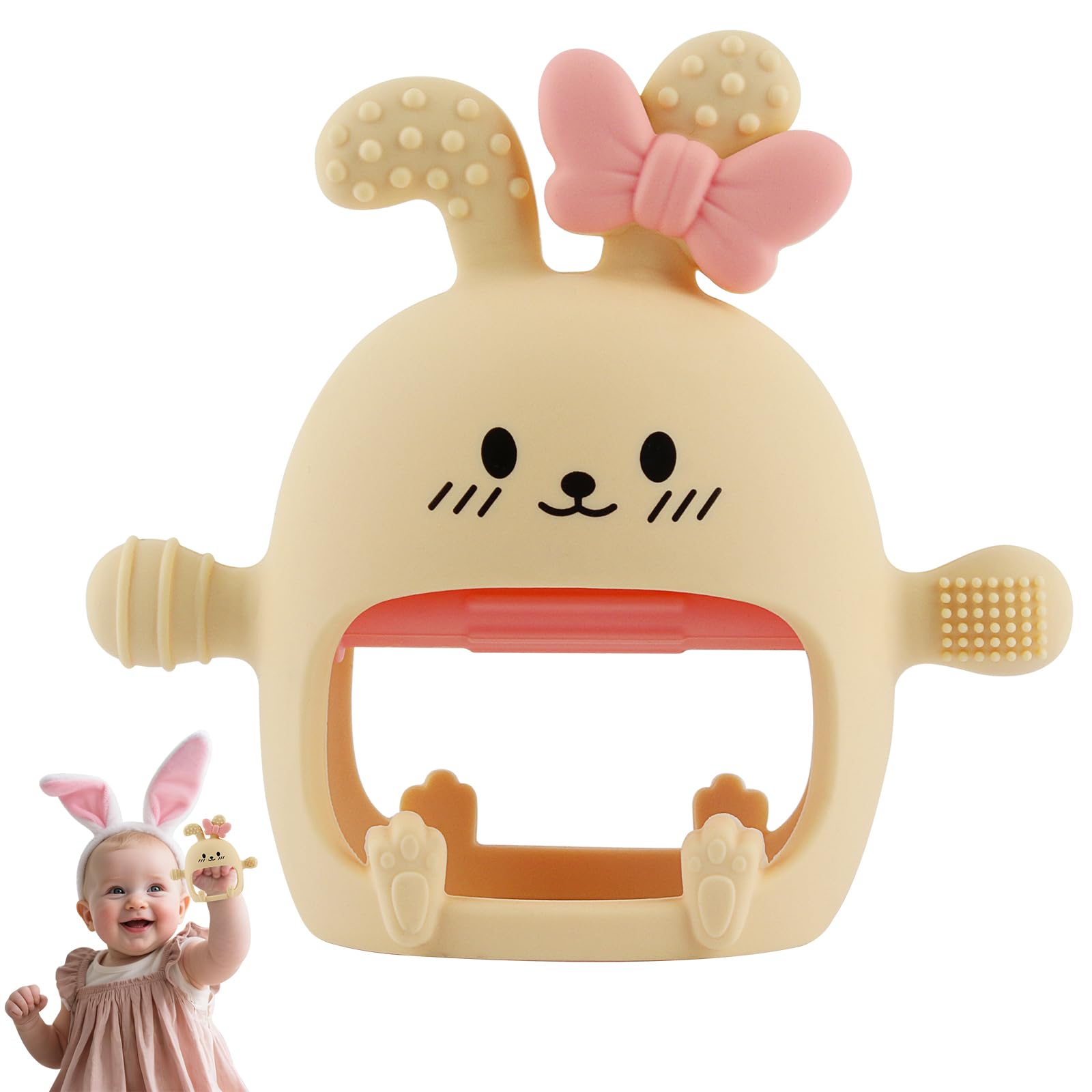 Chuya Easter Bunny teether close-up, soft silicone for gentle gum relief