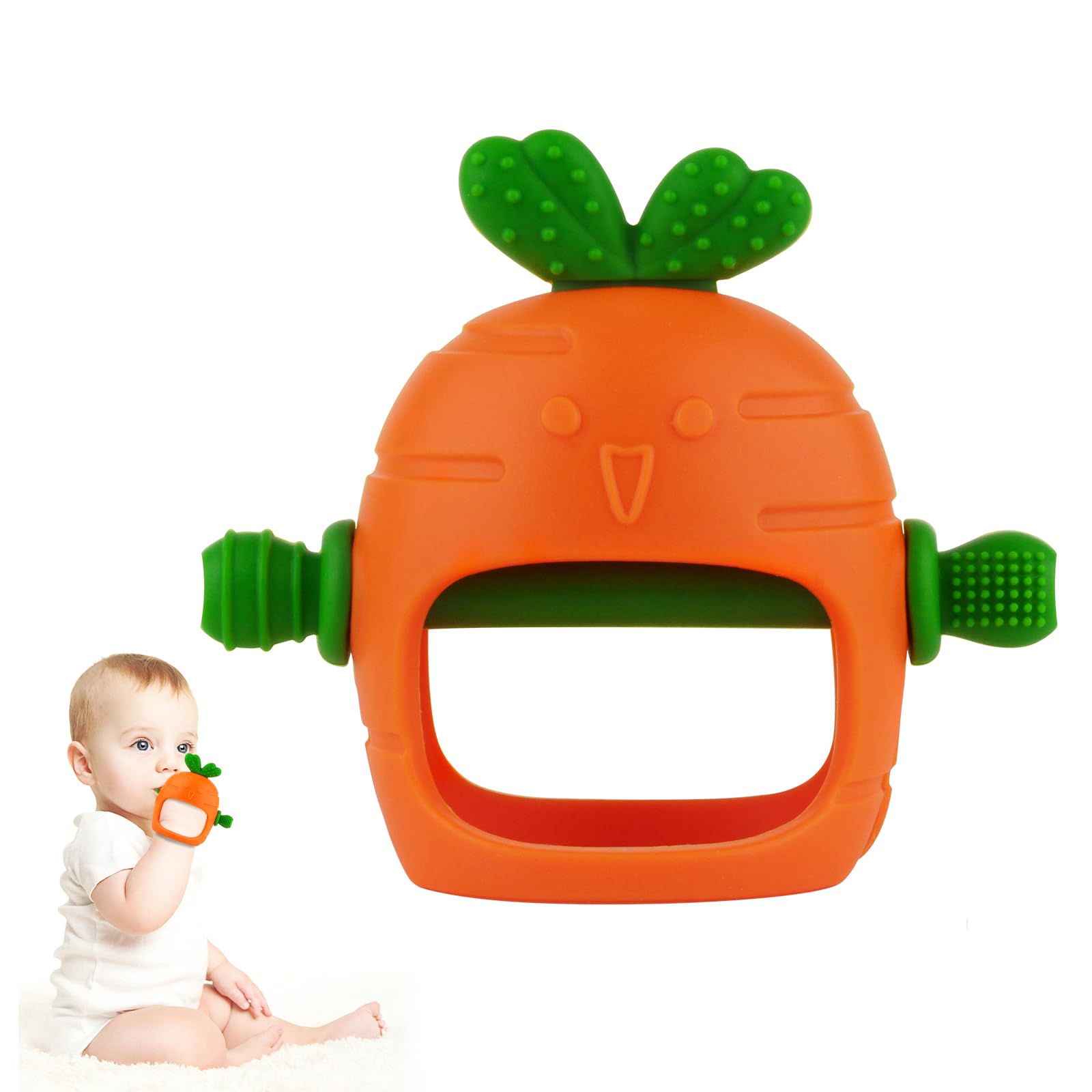 Chuya silicone carrot teether top view with safe grip for tiny hands