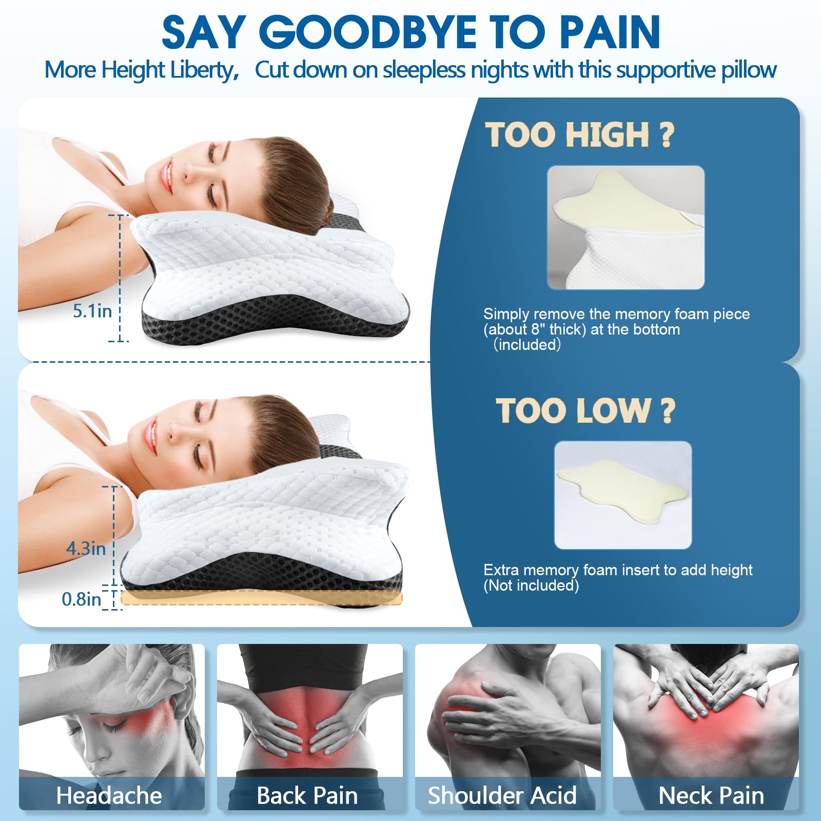 CHxxy memory foam pillow offers adjustable height for personalized sleep contour.