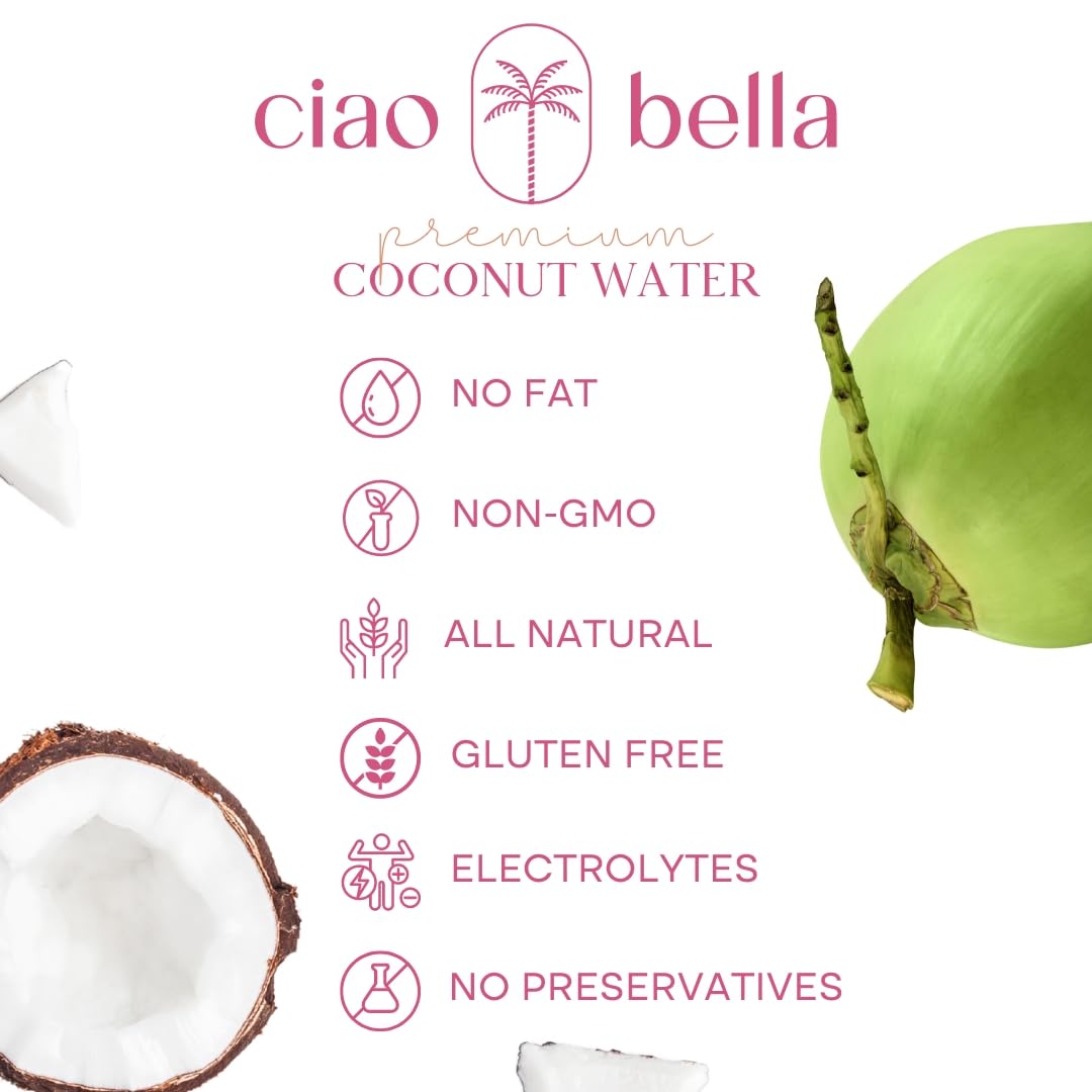 CIAO BELLA coconut water glass with ice showing clean, no-added-sugar hydration