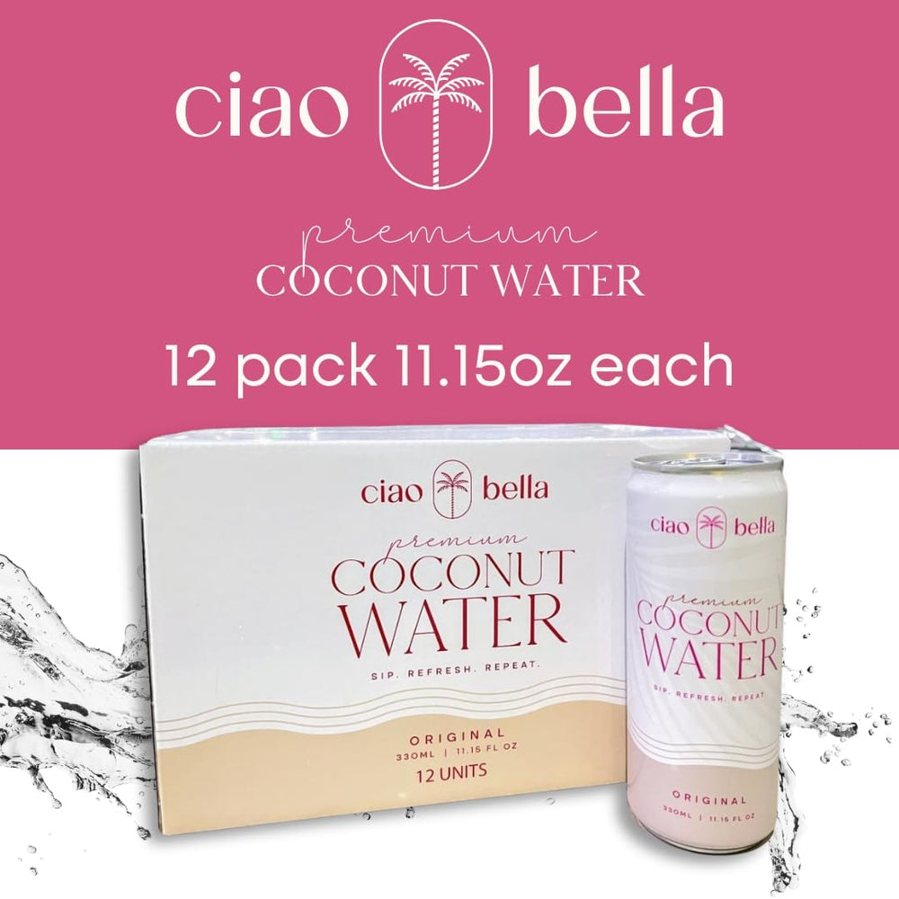 CIAO BELLA organic coconut water closeup highlighting simple ingredients