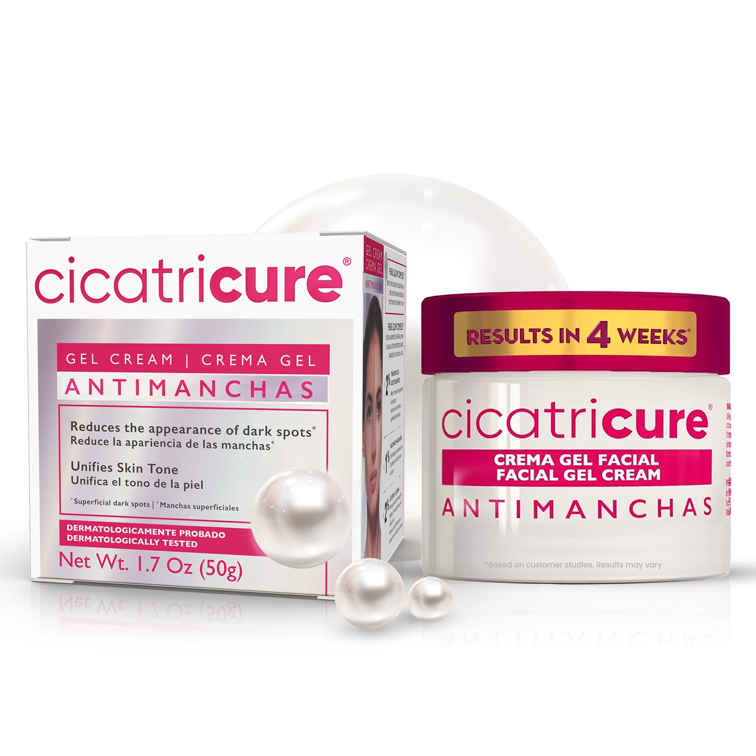 Cicatricure brightening moisturizer bottle shows a lightweight gel for daily use.