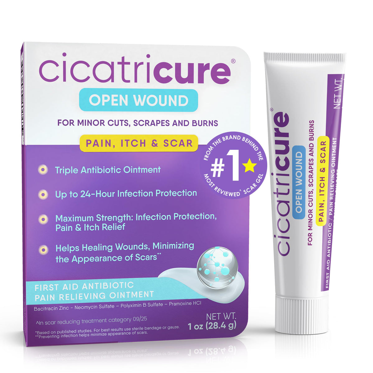 Cicatricure triple antibiotic ointment bottle provides pain relief and reliable wound care.