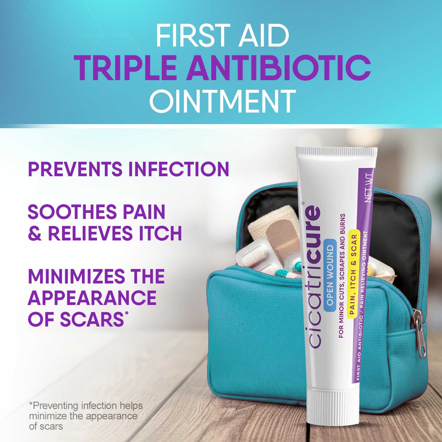 Cicatricure wound care ointment helps prevent infection on cuts and scrapes.