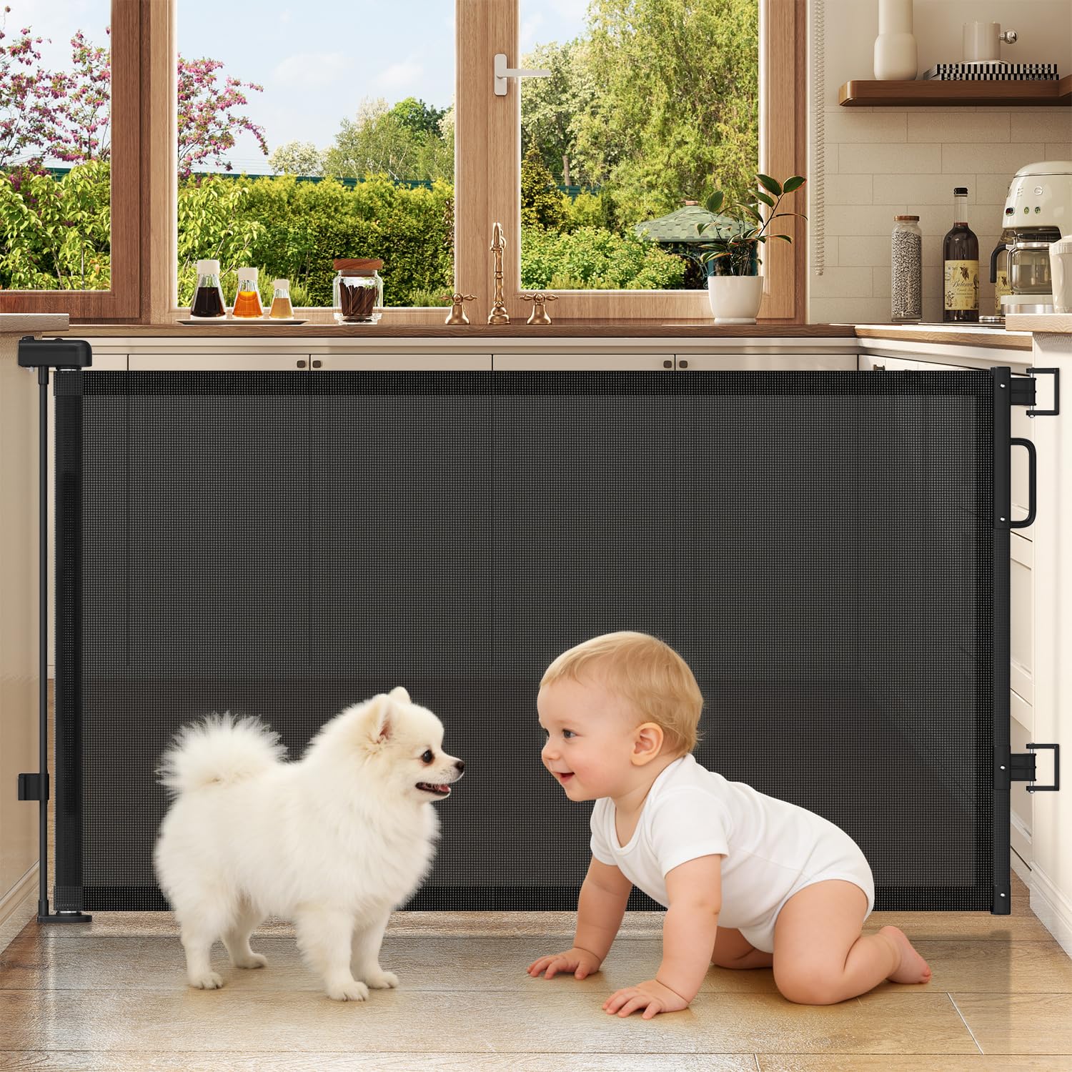 Cideny retractable gate demonstrates 58-inch wide opening coverage for wide doorways