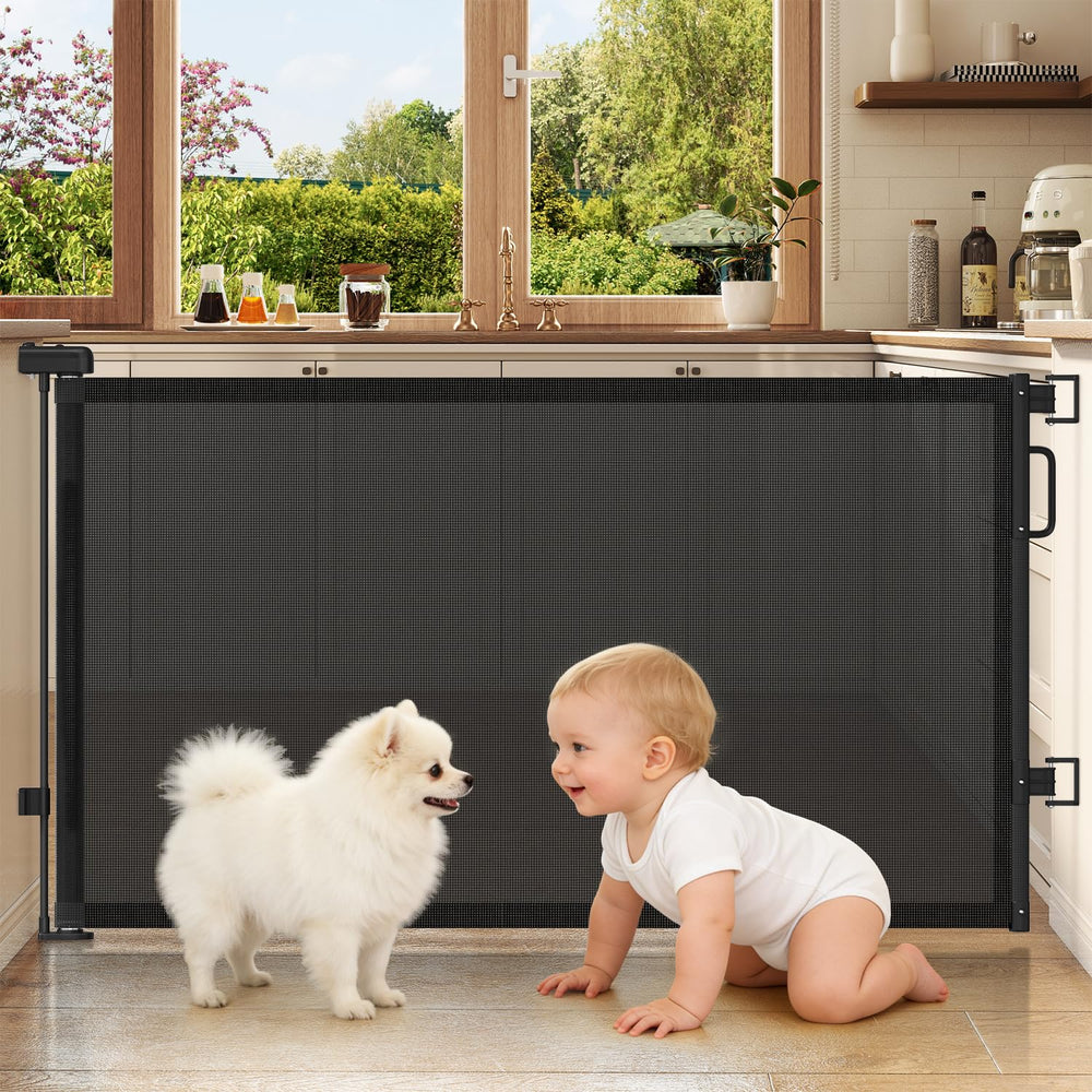 Cideny retractable gate demonstrates 58-inch wide opening coverage for wide doorways