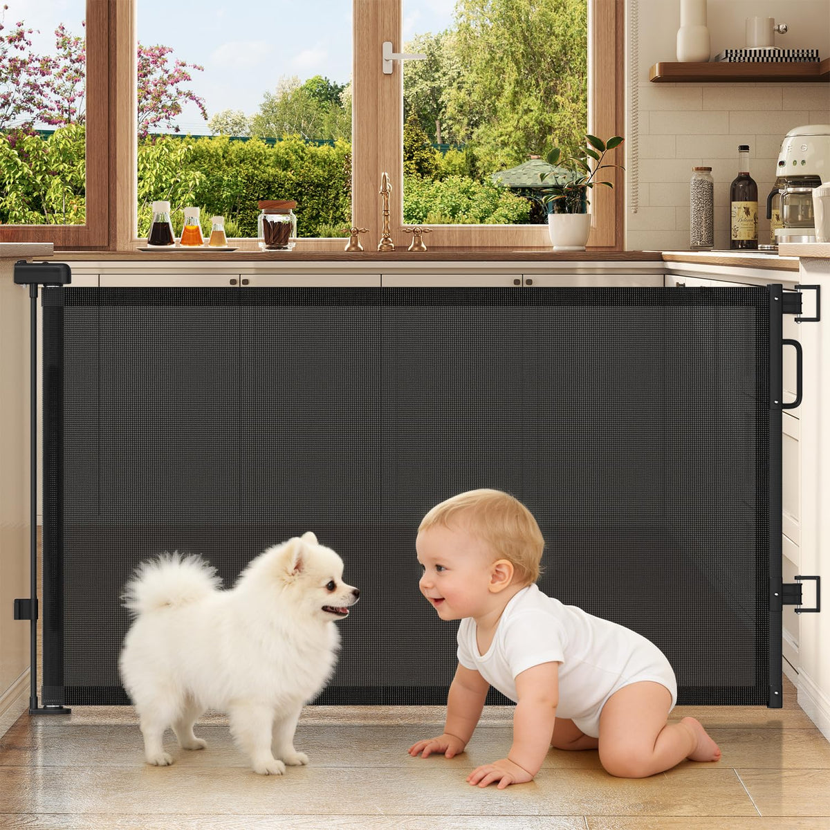 Cideny retractable gate demonstrates 58-inch wide opening coverage for wide doorways