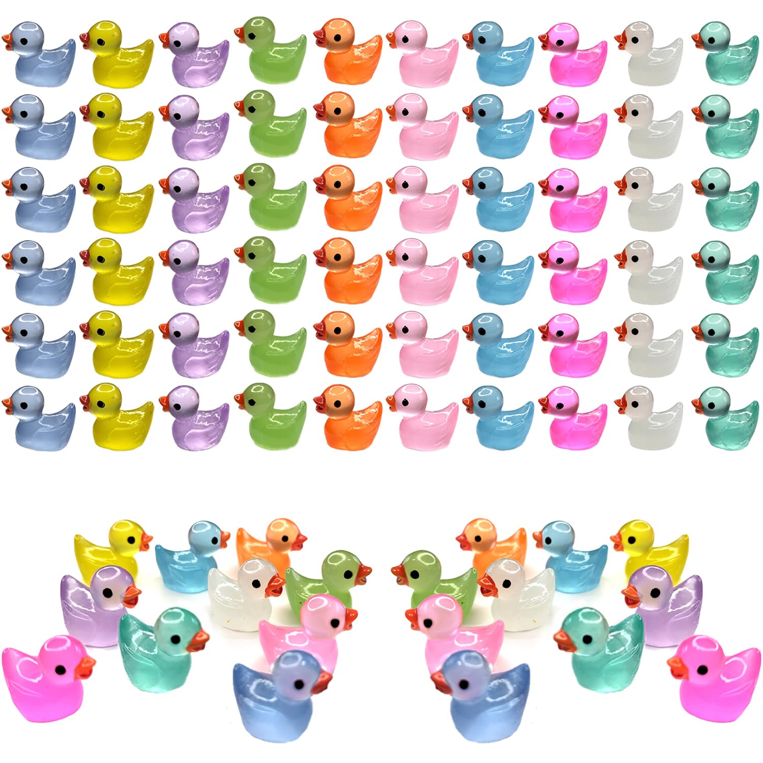 Cidinge 60-pcs mini resin ducks pack; colorful, compact decor for fairy gardens.